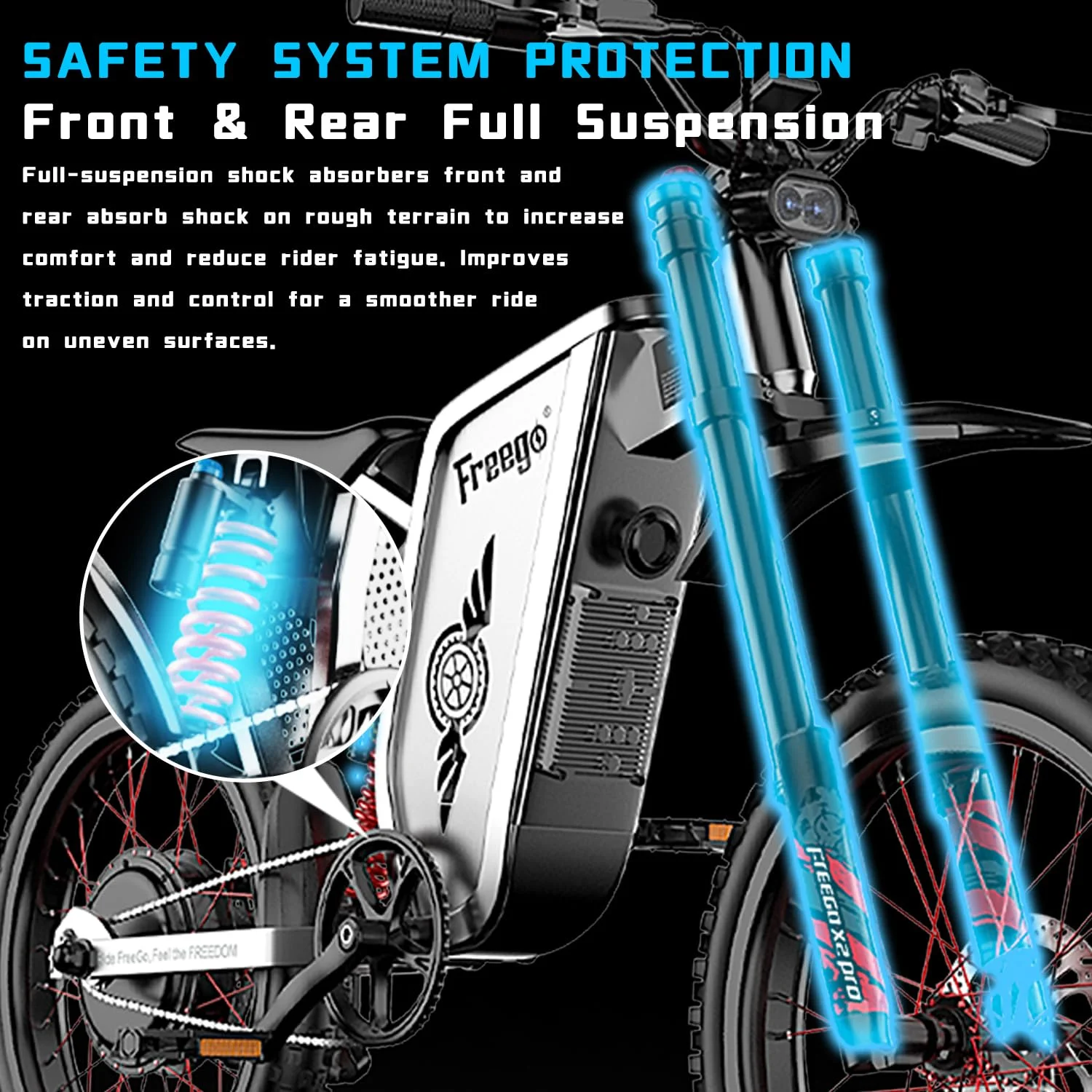 50MPH Electric Dirt Bicycle Freego X2 Pro,6000W(Peak)Motor Electric Motorcycle, Electric Bike for Adults, 60V30AH Battery, 19x2 Tire Full Suspension Hydraulic Brake Half Throttle UL2849 - Image 20