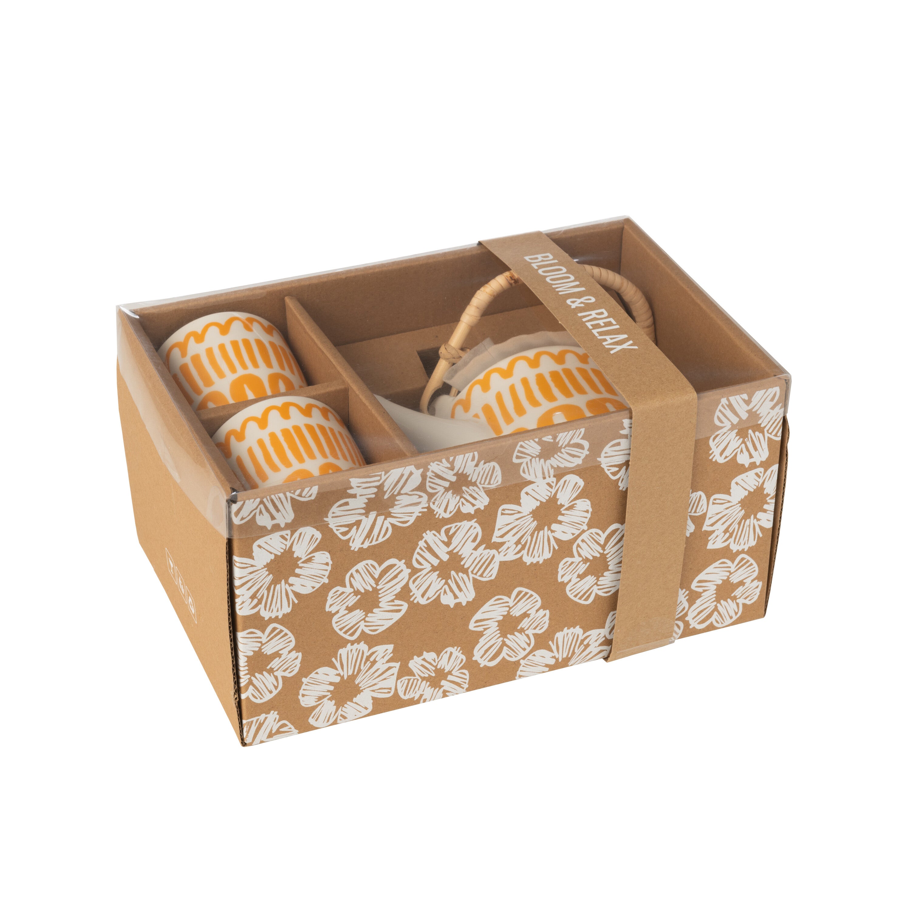 J-Line kop + theepot Strepen set - keramiek - oranje - giftb