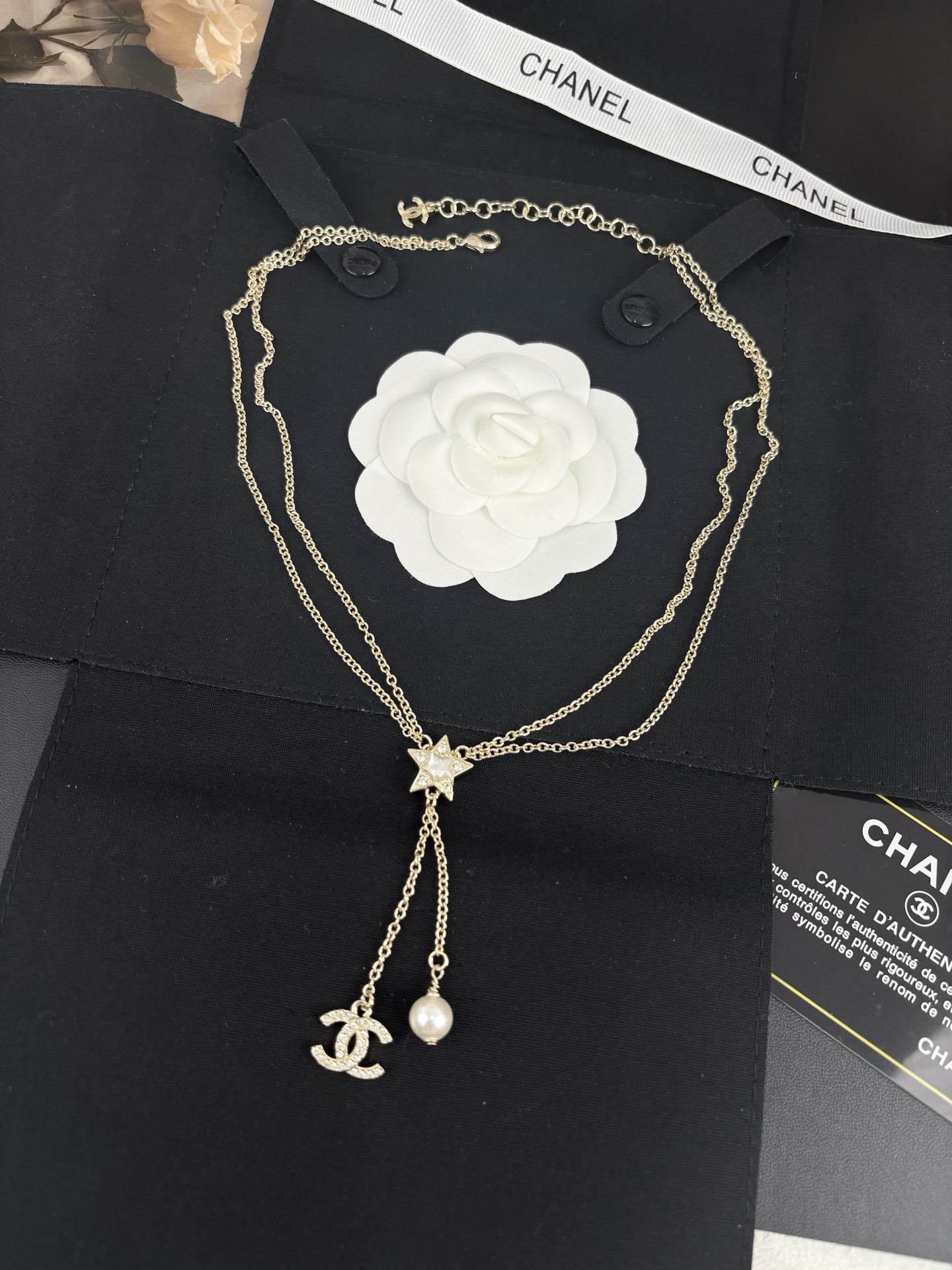 Two Layers Chanel Star with CC and Pearl Tassel Necklace - Original Replica Club