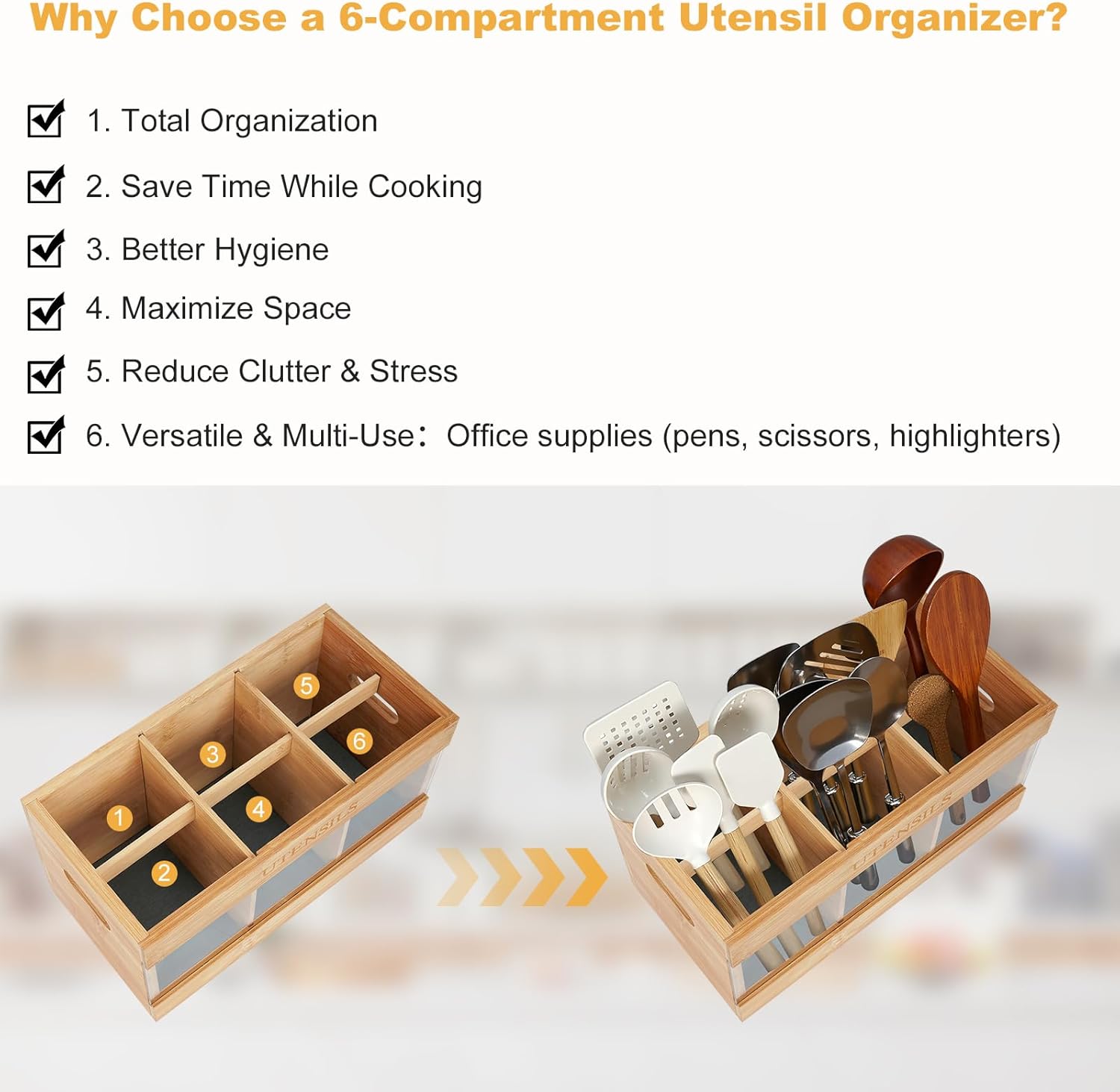 yazi Extra Large Bamboo Utensil Holder for Kitchen Counter - 6 Compartment Silverware Organizer with Natural Drying Stone, Rustic Farmhouse Decor for Home Chefs