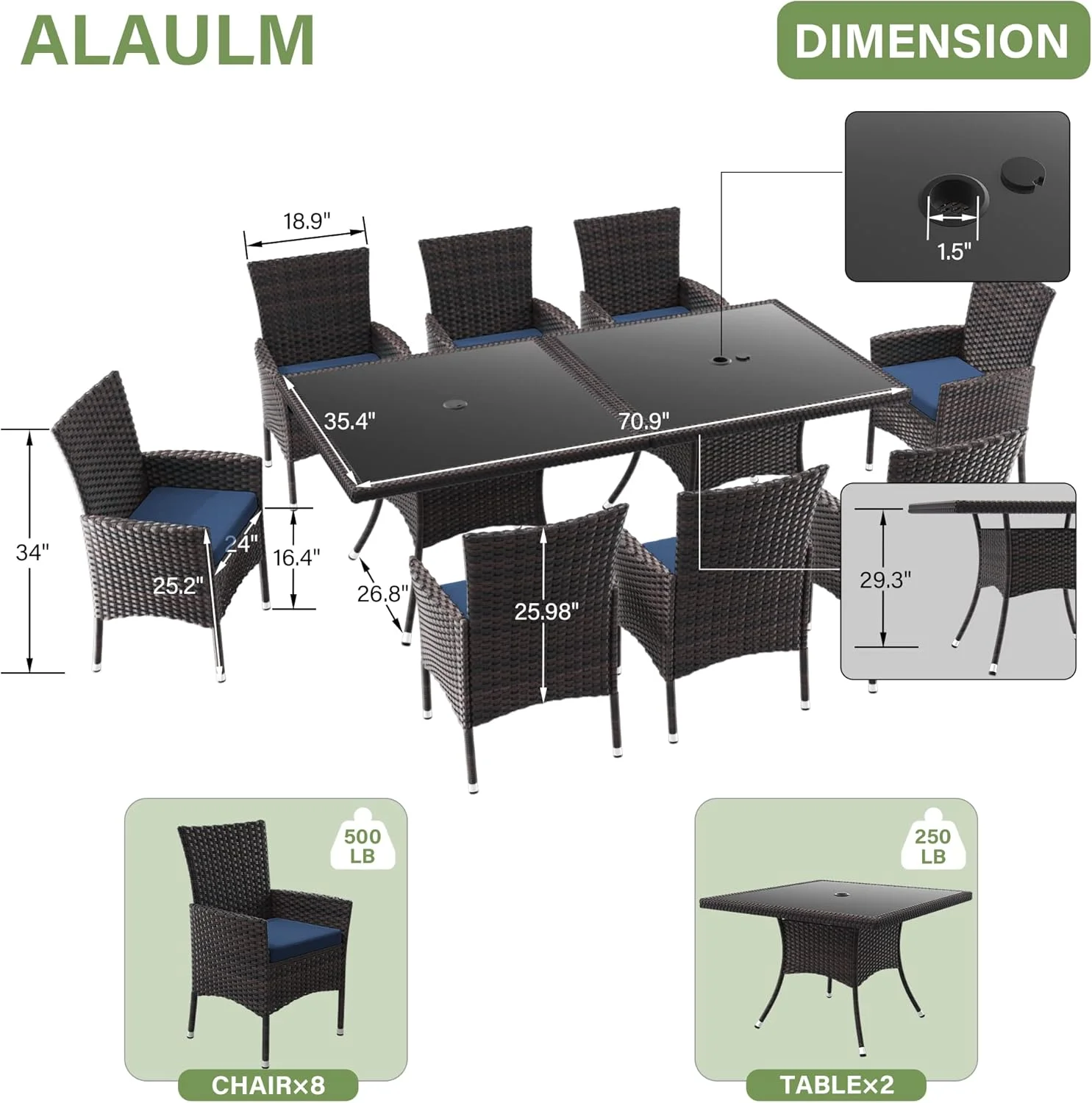 ALAULM 5 Pieces Patio Dining Set Outdoor Rattan Furniture with Square Glass Tabletop 4 Chairs with Cushions for Patio, Backyard Outdoor Kitchen Lawn & Garden Blue - Image 21