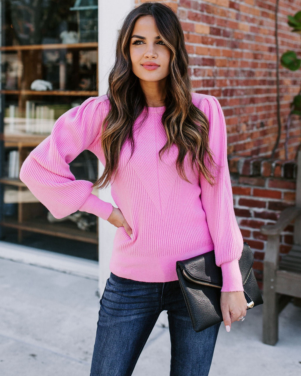 Bubble Over Ribbed Knit Sweater - Pink - Se7enfashion