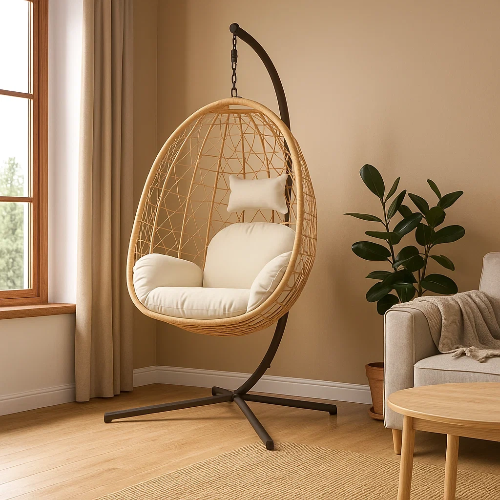 Sillón colgante de 1 plaza con estructura metálica, Resina trenzada natural, Marco marrón - MZOlIHv245mo