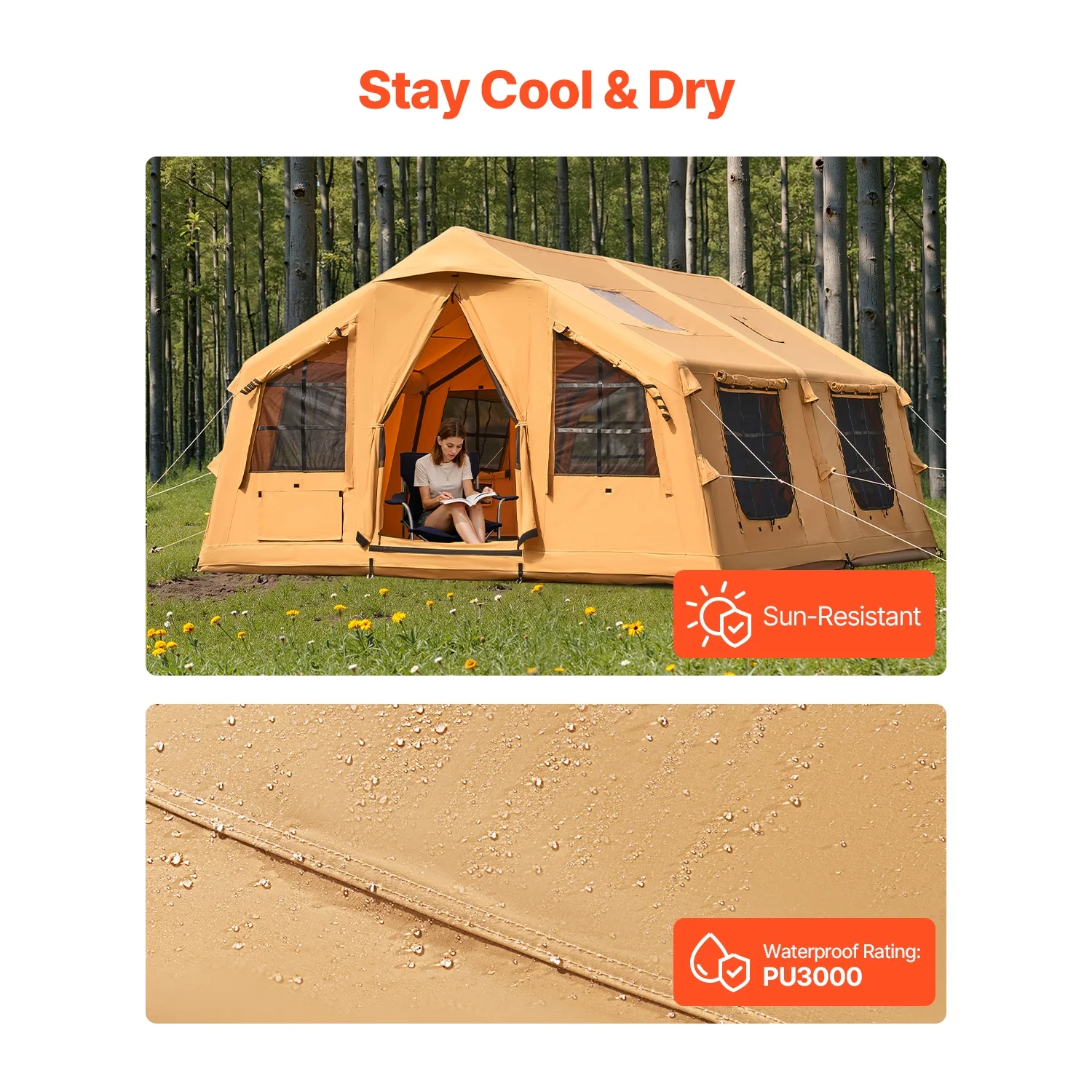 KFFKFF Inflatable Tent for Camping, 15.75 x 11.81 x 7.22 Ft Glamping Blow up Tent for 8-12 People, Air-Filled Camping Shelters, Outdoor Living Tent with Dual Sunroofs, Stove Jack - Image 2