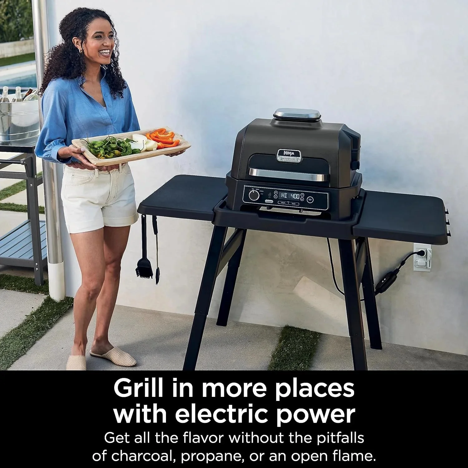 7-in-1 Grill & Smoker with Thermometer, Air Fryer, BBQ, Bake, Roast, Broil - Portable Electric Outdoor Grill, Grey