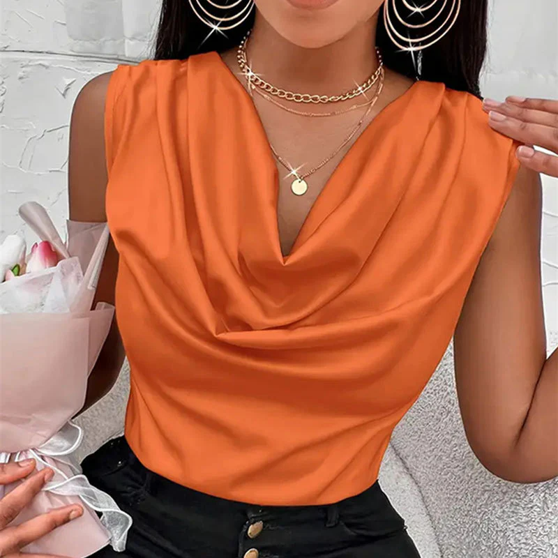 Throw neck vest satin top slim sleeveless t-shirt - Se7enfashion
