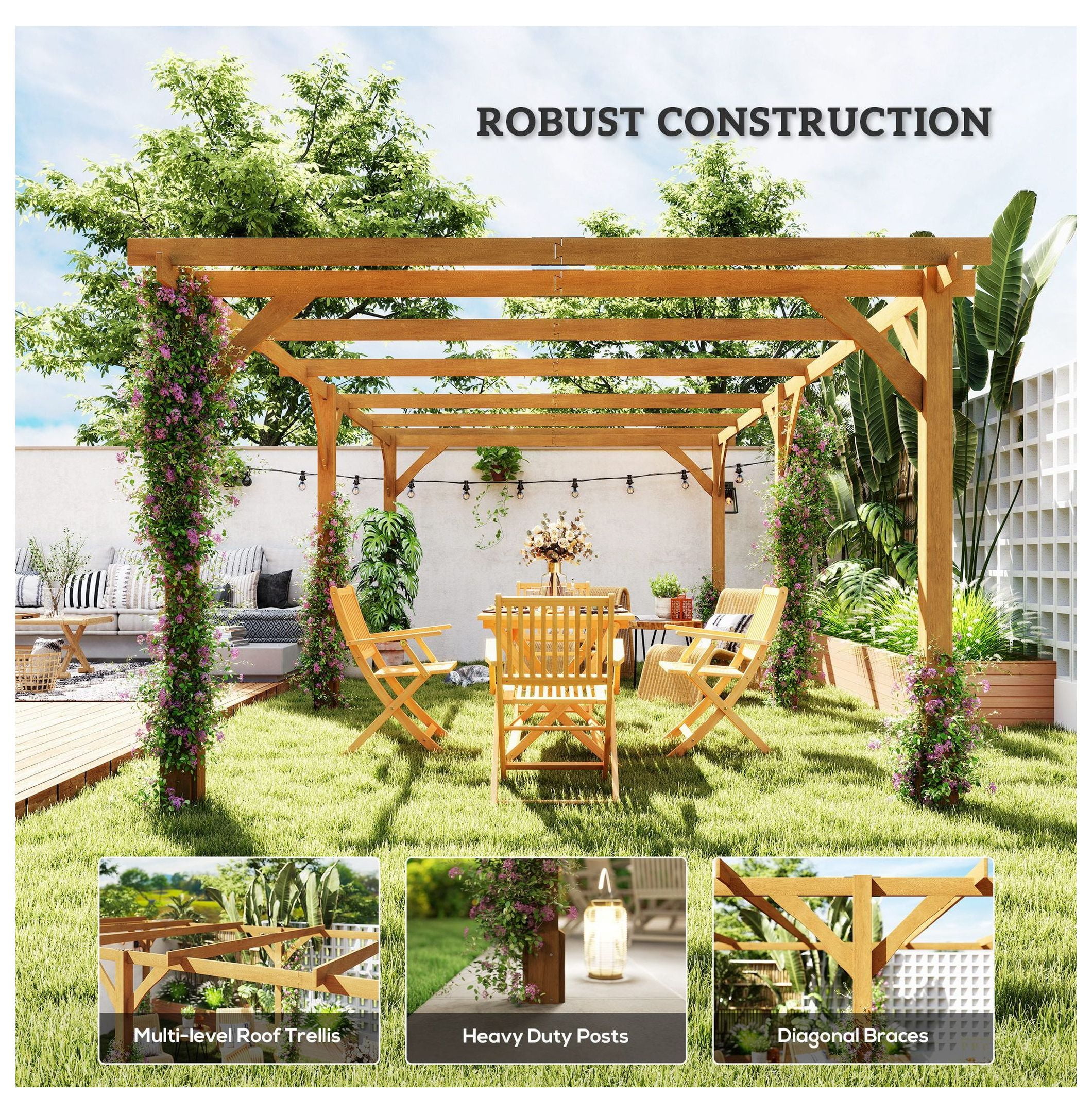 20x10ft Wood Pergola, Outdoor Gazebo Grape Trellis - Dark Brown - Image 6
