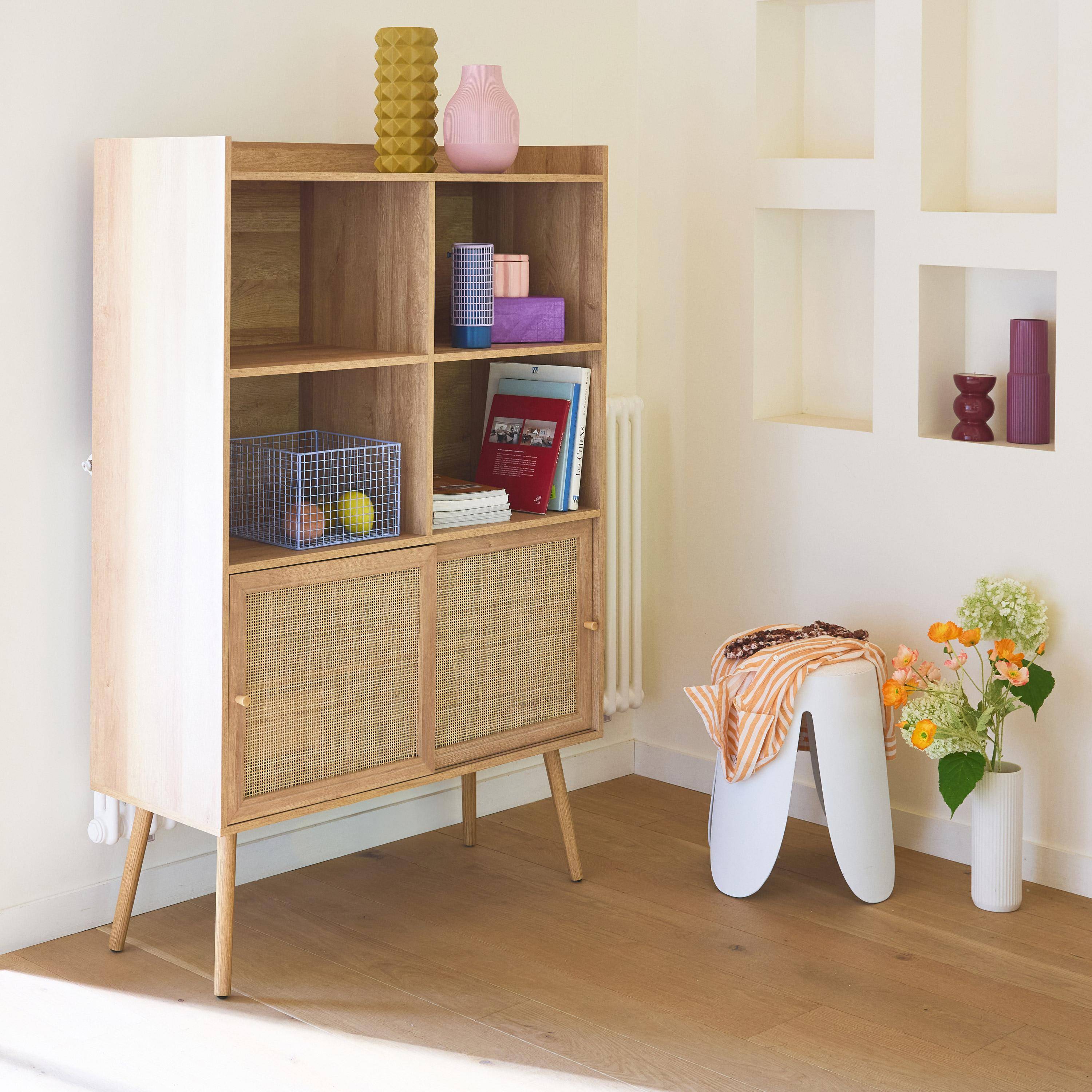 Boheme - Librería de 5 estantes, puertas correderas, efecto madera y caña