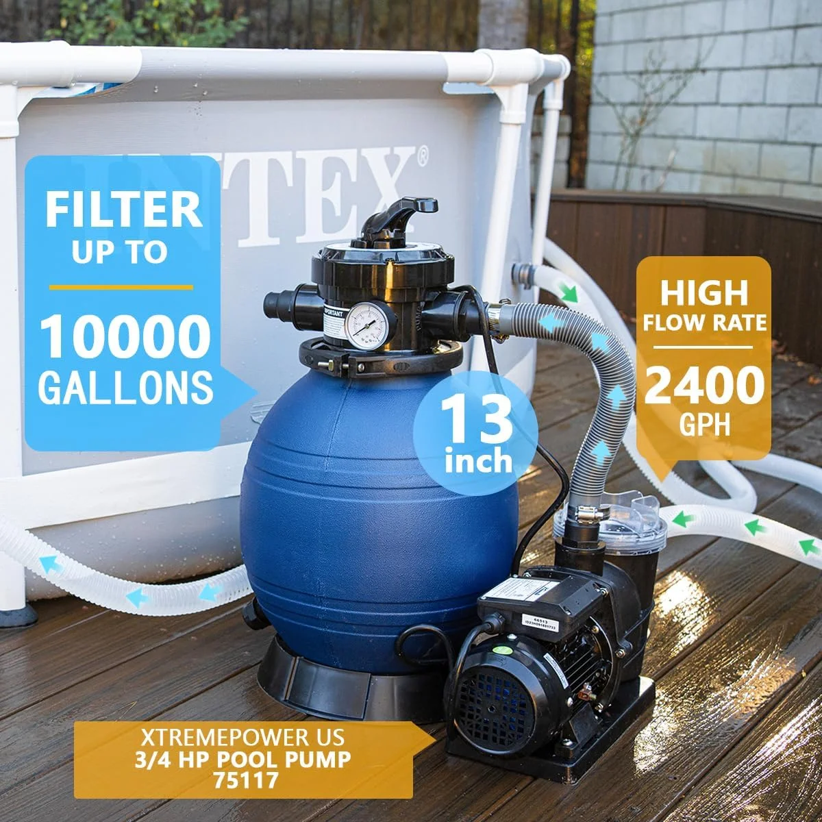XtremepowerUS 13" Sand Filter Pump, 2400 GPH Xtreme Power Pool Pump for Above Ground Pools, .75HP - Image 8