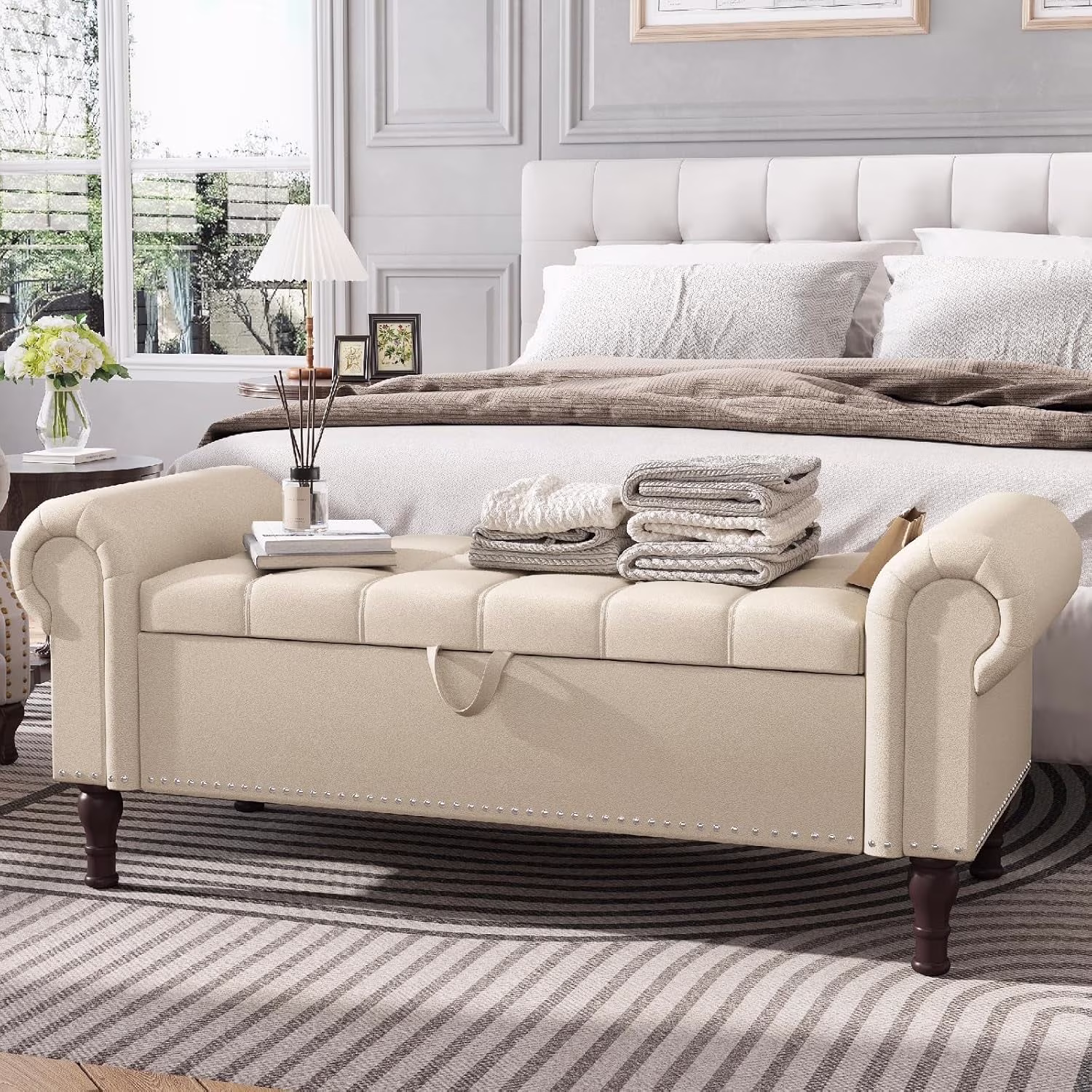 YOUDENOVA Storage Ottoman Bench for Bedroom 51" Queen Leather Storage Bench with Button, Upholstered Bedroom Bench with Rolled Arms for Living Room, Storage Room, Entryway, Gray - Image 3