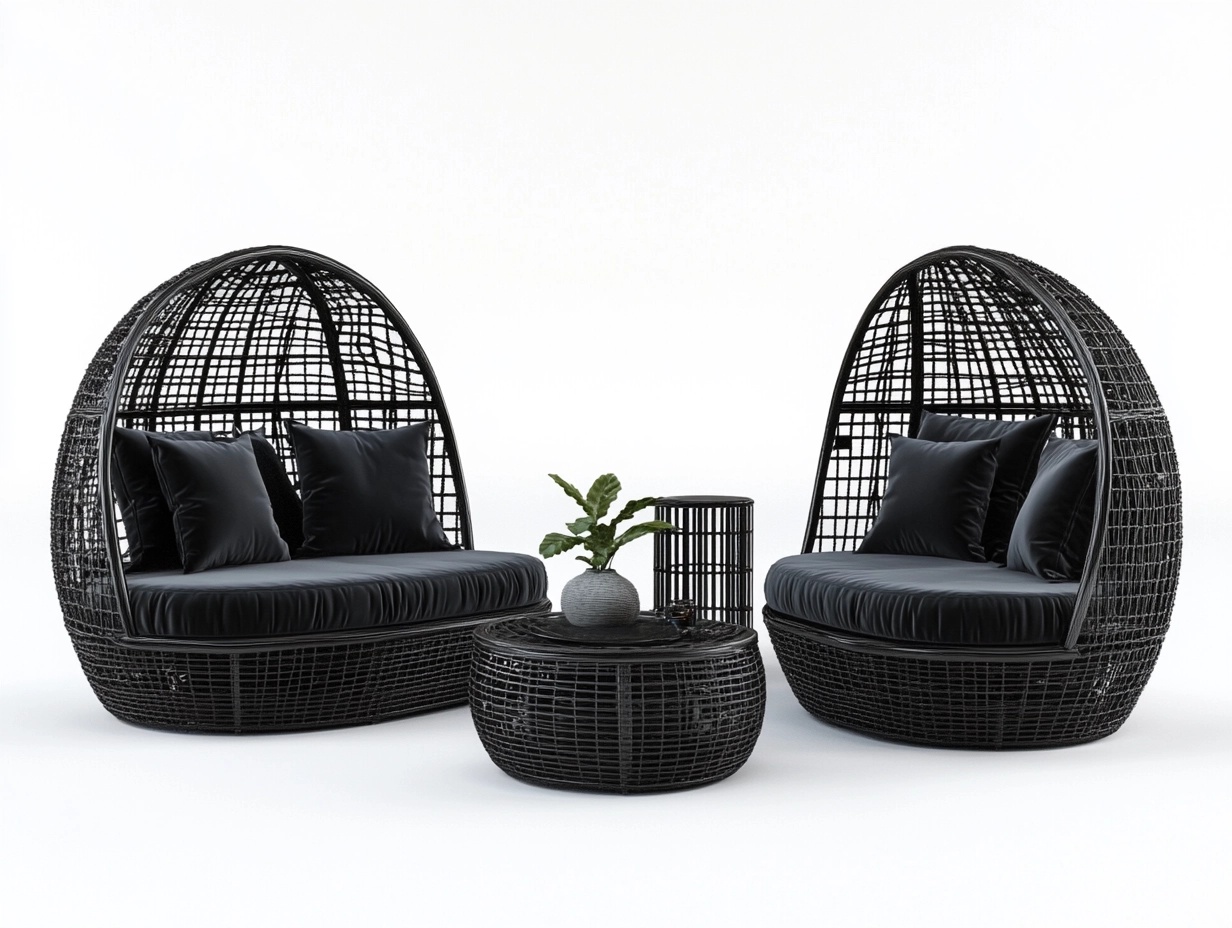 Conjunto de sofás semicirculares de ratán sintético negro para jardín 220x120 cm estilo moderno con mesa auxiliar y cojines impermeables er5330801