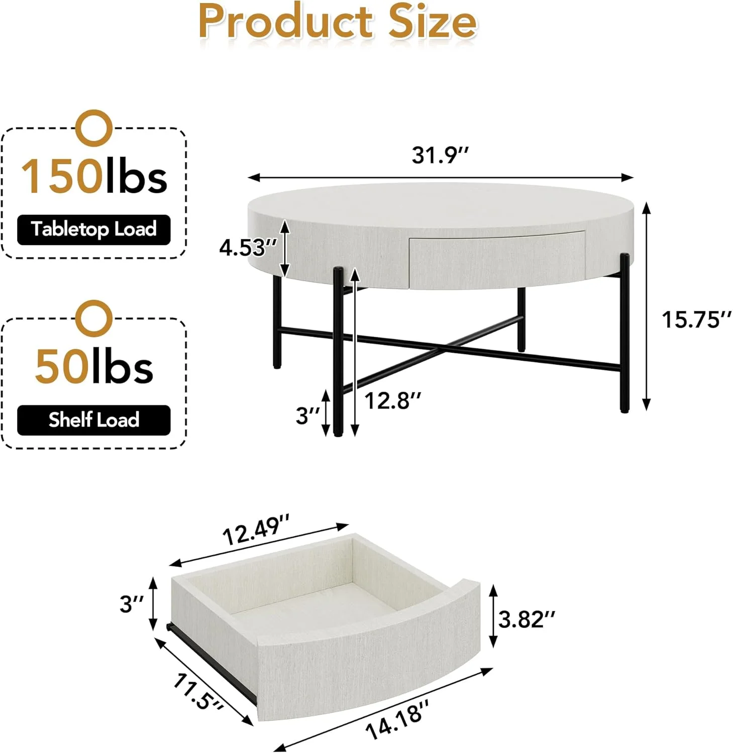 Round Coffee Table with Drawers Circle Living Room Table Wood Accent Coffee Table with Storage White Center Table (Natural) - Image 2