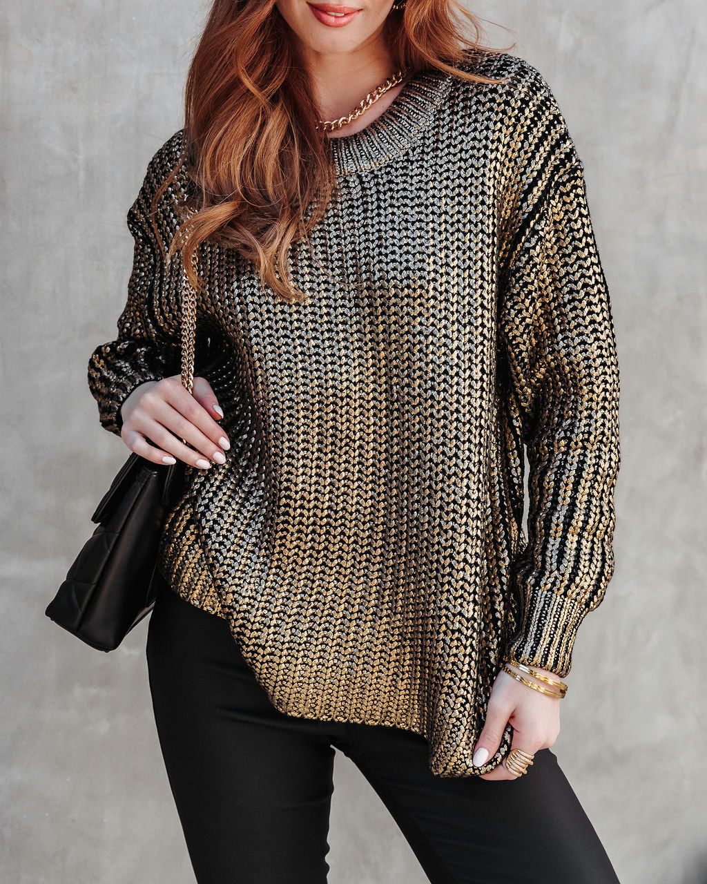 Delightful Cheer Metallic Knit Pullover Sweater - Gold - Se7enfashion