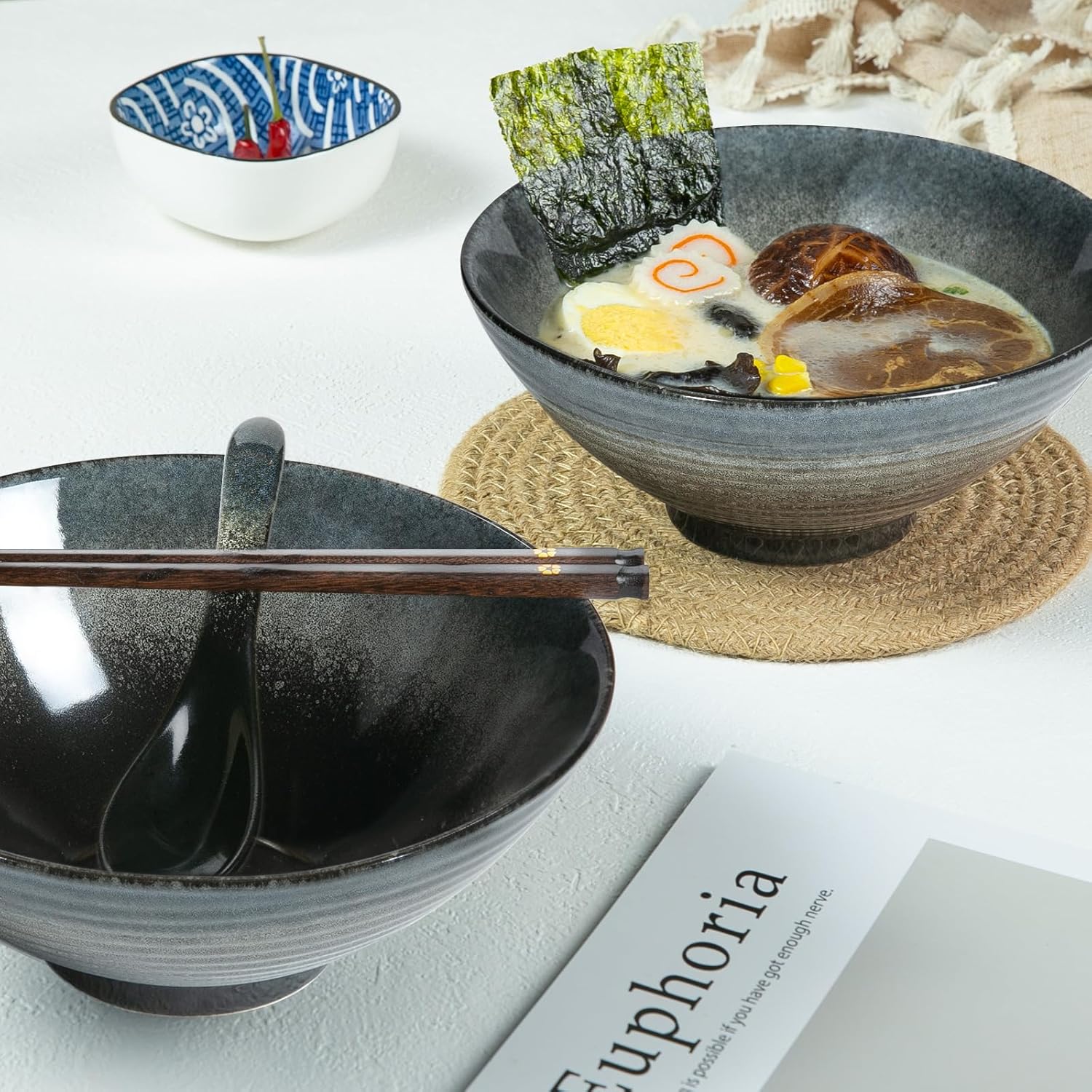 40 oz Ceramic Ramen Bowl Set of 2, Ramen Noodle Bowl with Spoons and Chopsticks 8 Inch Japanese Retro Style Large Soup, Pho, Udon Bowls, Microwave & Dishwasher Safe, Black