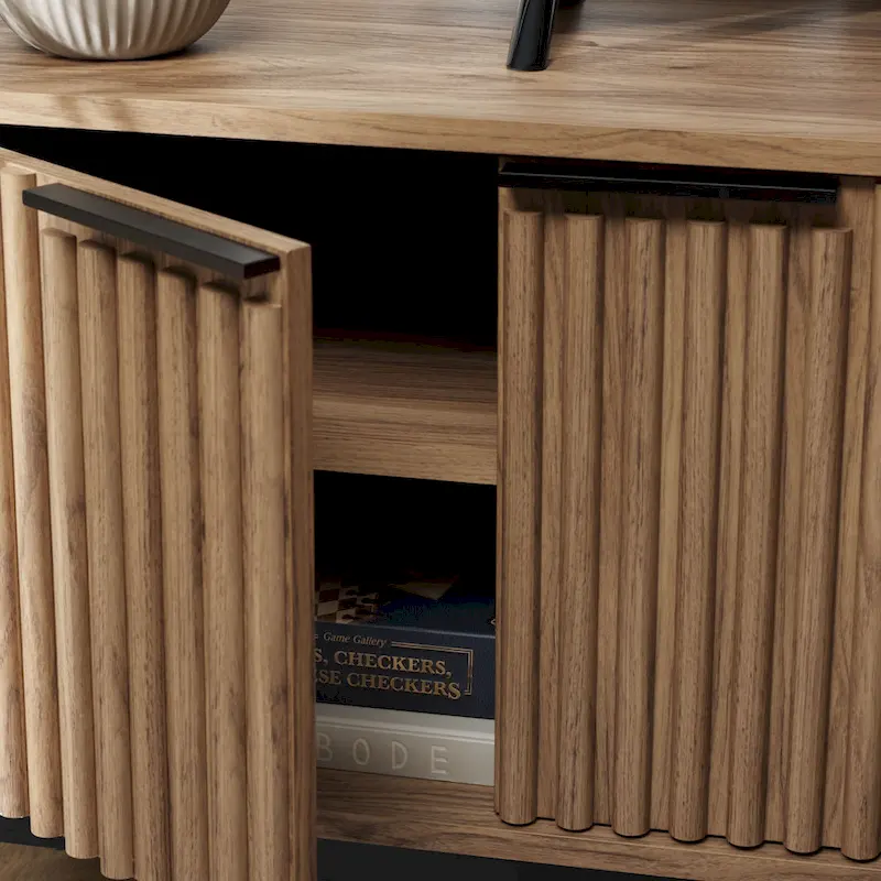 Mid Century TV Stand with Tambour Doors and Storage Drawers
