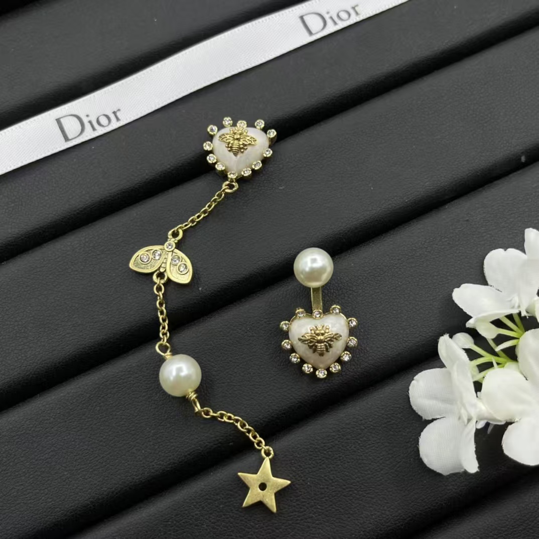 Dior Asymmetric Bee Heart Stud Long Drop Star Earrings - Original Replica Club