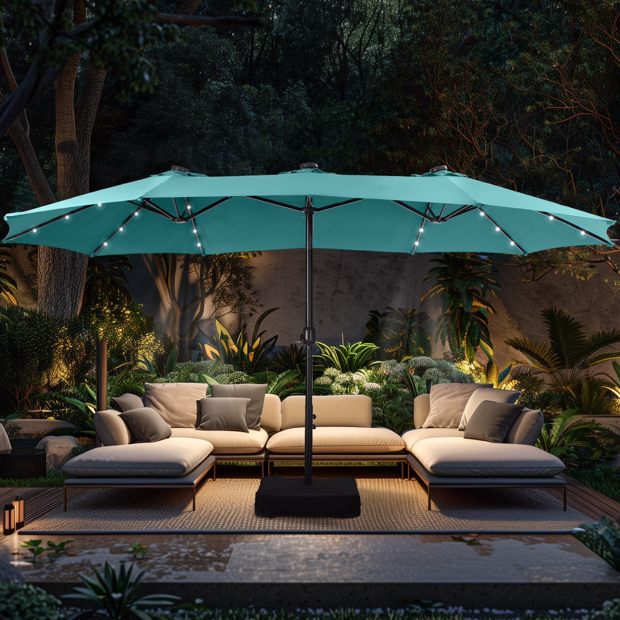 Alpha Joy 15ft Extra Large Outdoor Patio Double-Sided Umbrella with LED Solar Lights & Umbrella Base, Beige - Image 15