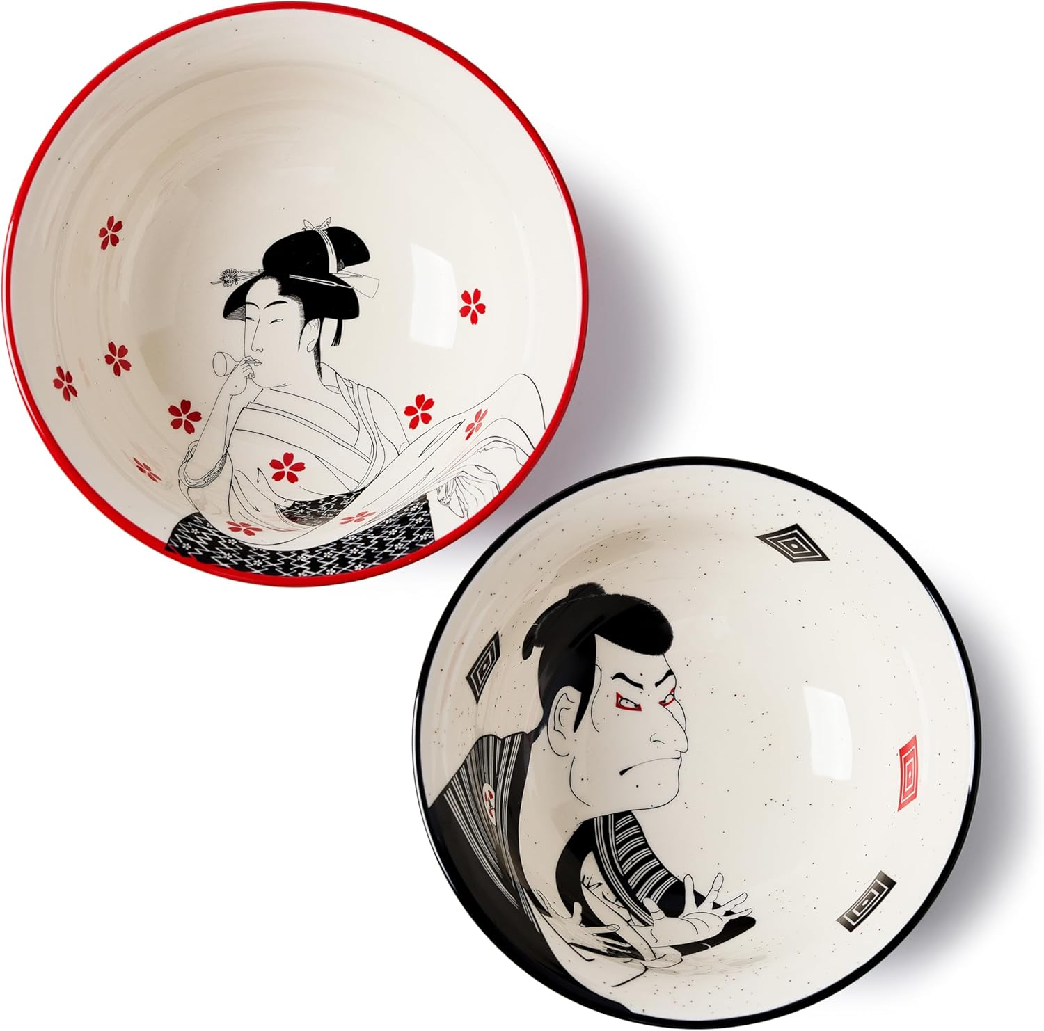BICETTO Japanese Ramen Bowl Set with Great Wave Design - 60oz Large Ceramic Bowls, Spoons, Chopsticks for Ramen, Pho, Salad, Poke - Premium Gift for Ramen Lovers - Microwave & Dishwasher Safe