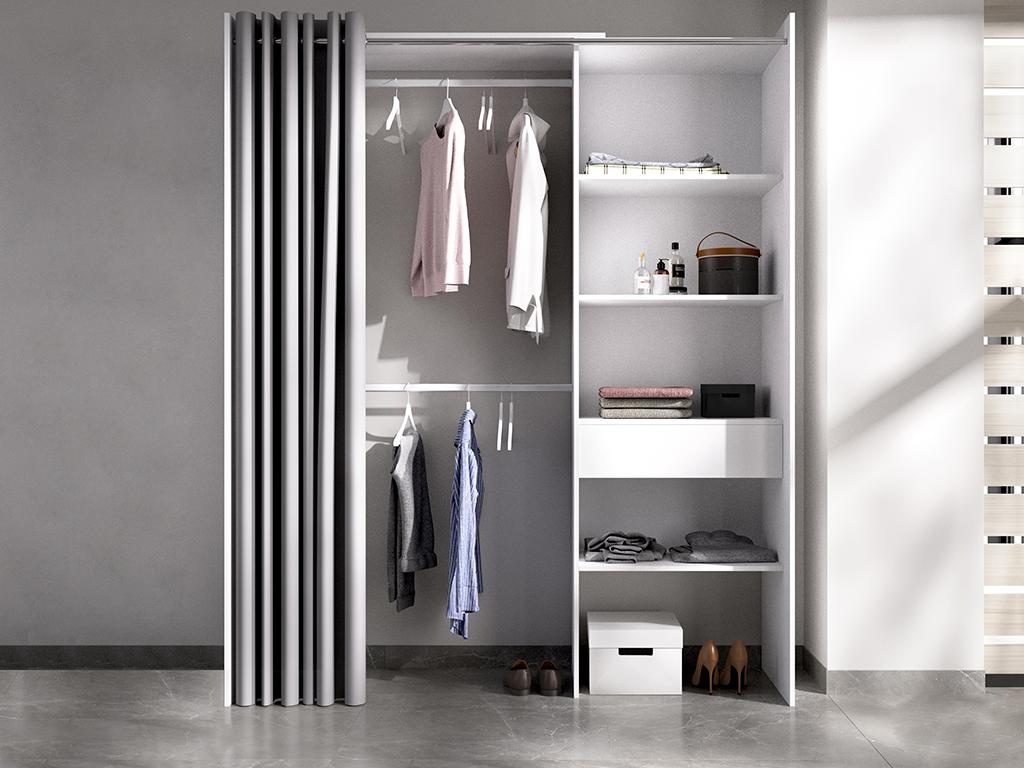 Armario extensible con cortina y cajón - blanco