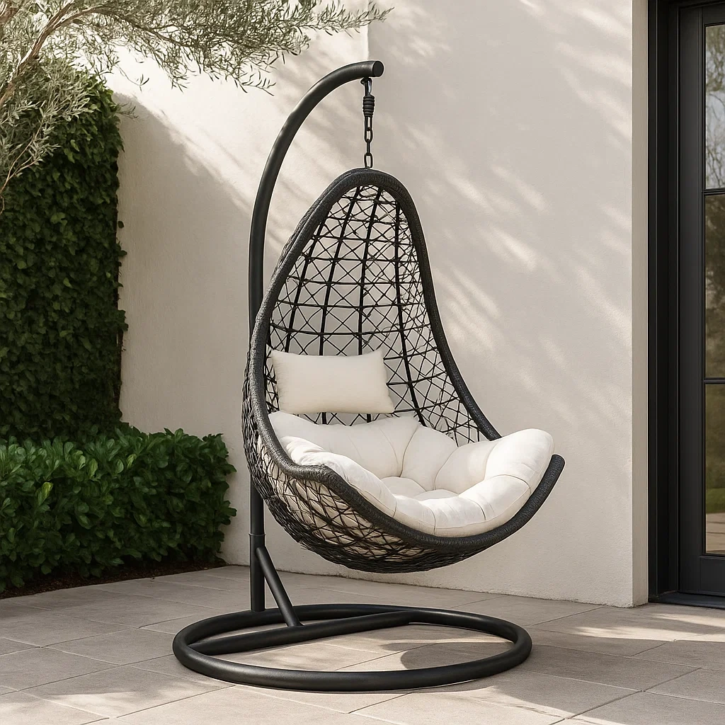 Sillón colgante de ratán sintético con cojín blanco y estructura metálica,instalación suspendida,tamaño 110x100x200 cm,para jardín o terraza - BgoLatphjVDo