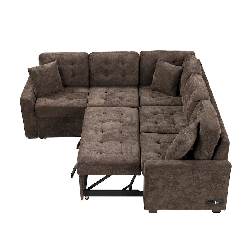 82.6-Inch L-Shaped Sleeper Sofa with Pull-Out Feature, Wheels, USB Ports, and Power Sockets - Dimensions: 82.6W x 82.6D x 33H