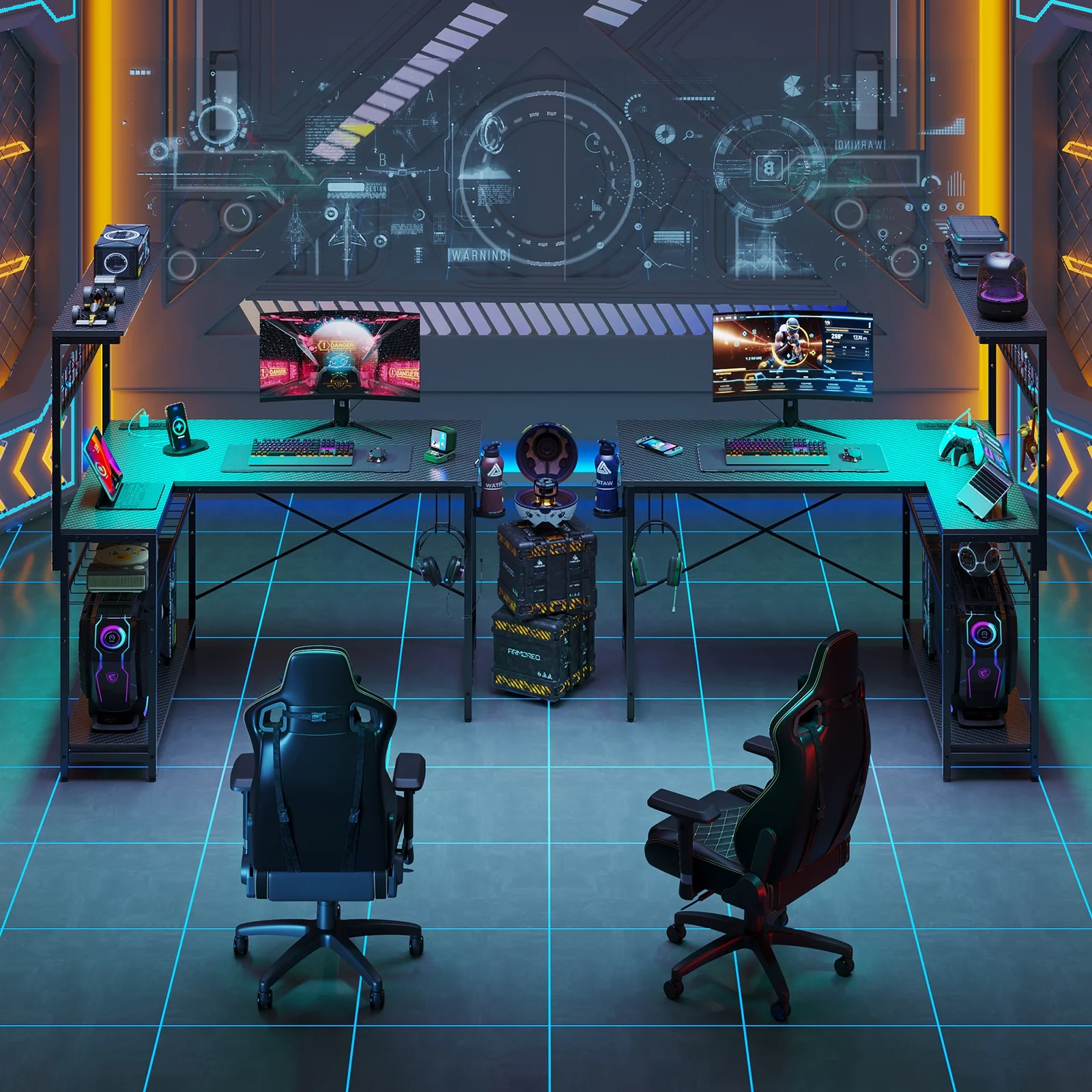 Bestier 51 L Shaped Gaming Desk with Power Outlets & LED Light, Computer Desk with 4 Tiers Shelves for Home Office, Reversible Gamer Table with Hooks and Cup Holder, Carbon Fiber - Image 8