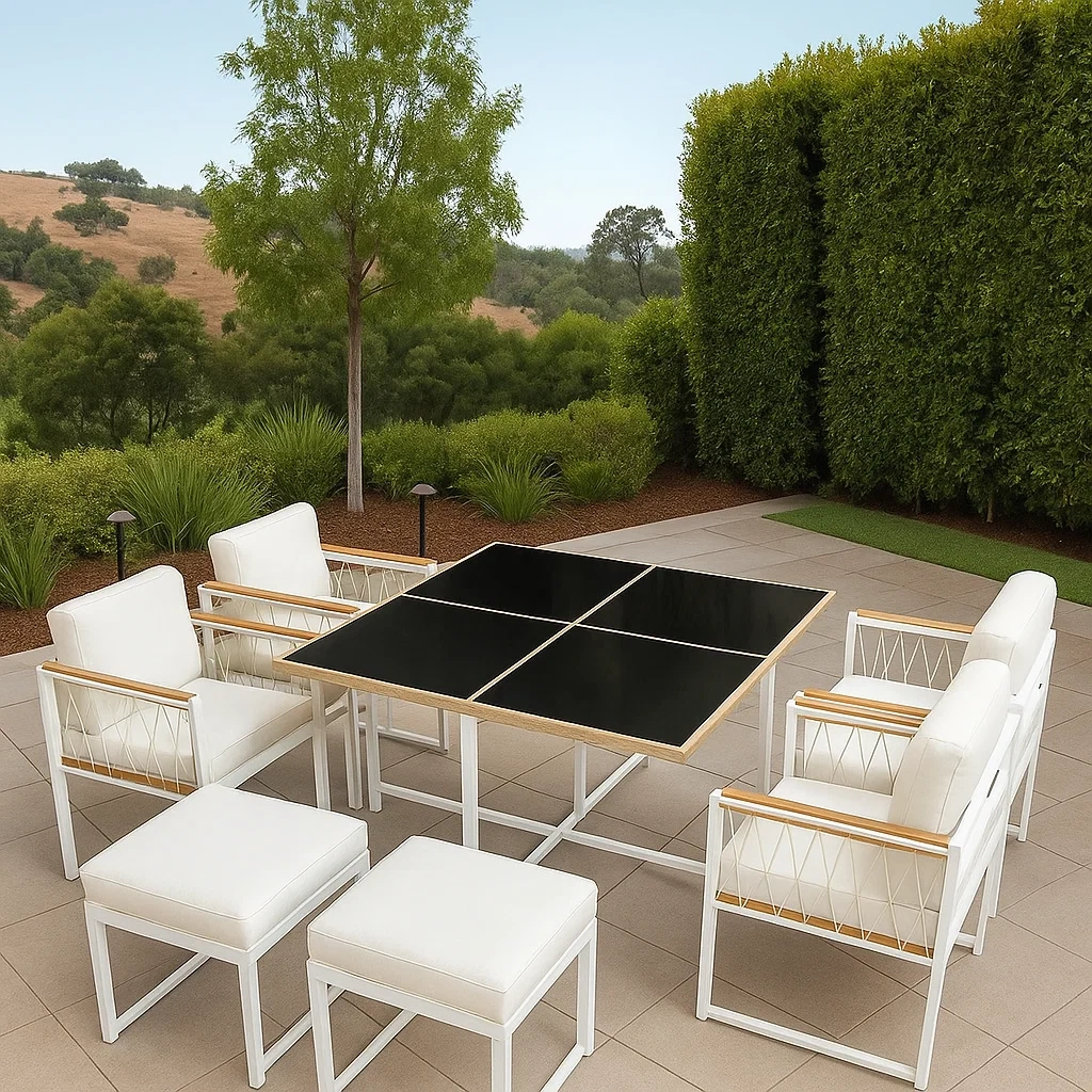 Conjunto de comedor de jardín para 6 personas,Mesa cuadrada con tablero negro y sillas acolchadas con estructura blanca - skfKmhJ200aN
