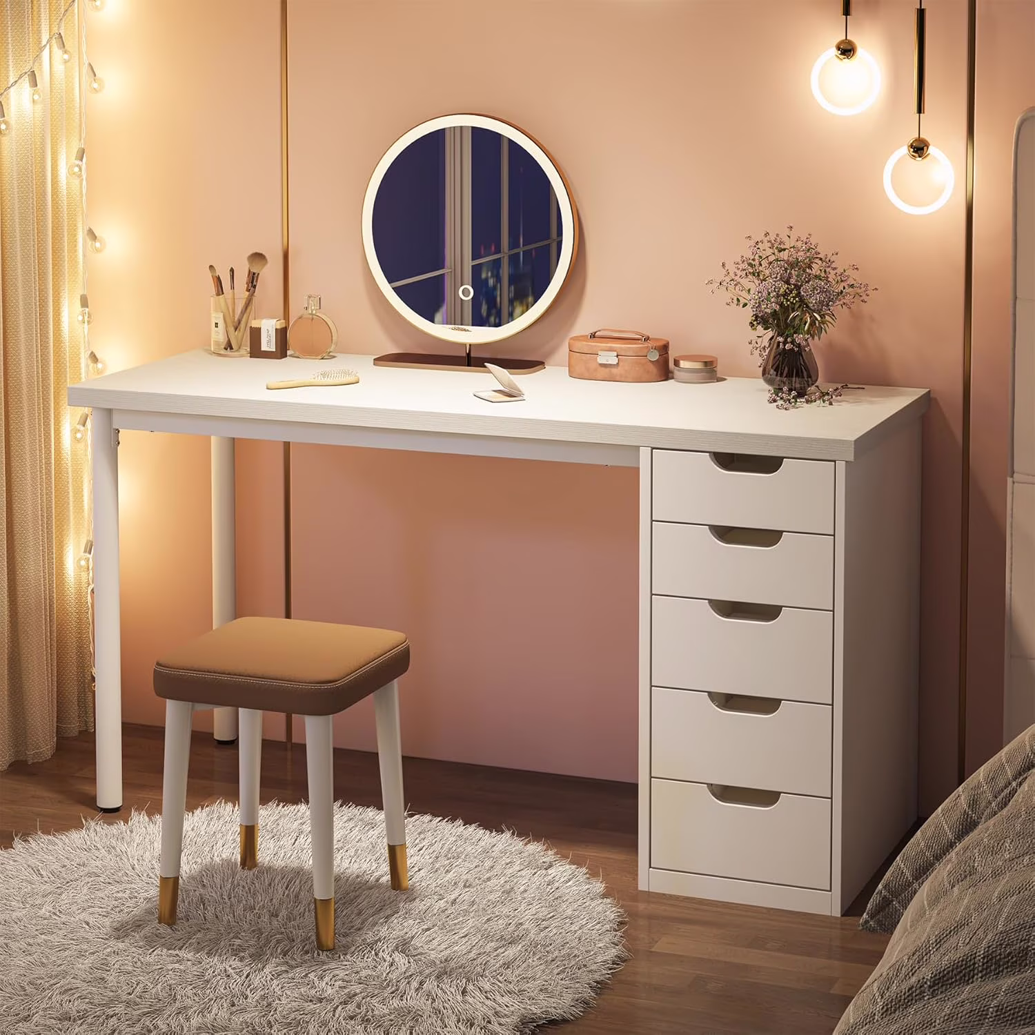 Tribesigns 47 inches Vanity Desk with 5 Drawers, Rustic Makeup Dressing Table with Storage, Modern Simple Computer Desk for Women, Girls (Brown) - Image 3