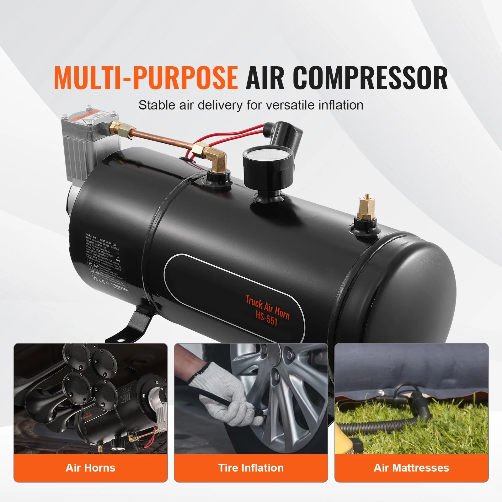KFFKFF 12V Air Compressor System, 0.8 Gal/3L Tank, 120 psi, Ideal for Train Horns, Tire Inflation, and Air Mattresses, Onboard Compressor with Tank - Image 4