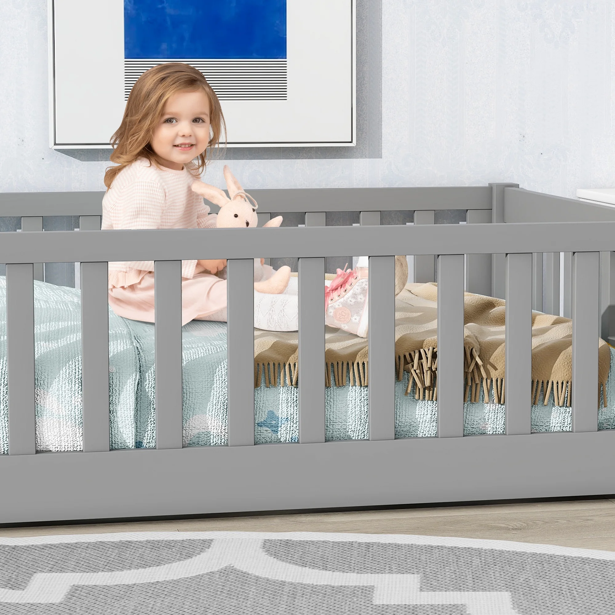 UHOMEPRO Twin Size Floor Bed with Door and Fence, Montessori Floor Bed with Slats and Safety Guardrails, Solid Wood Twin Bed Frame for Bedroom, White - Image 30