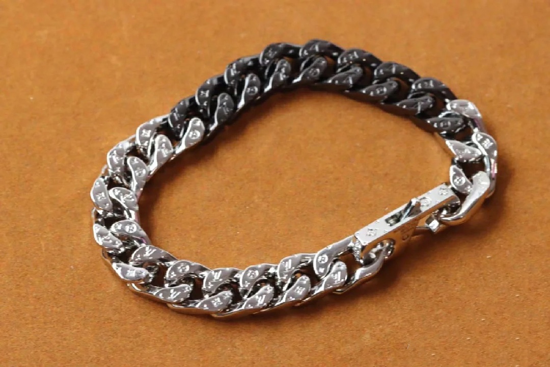Louis Vuitton Silver Black Cuban Monogram Mens Bracelet - Original Replica Club