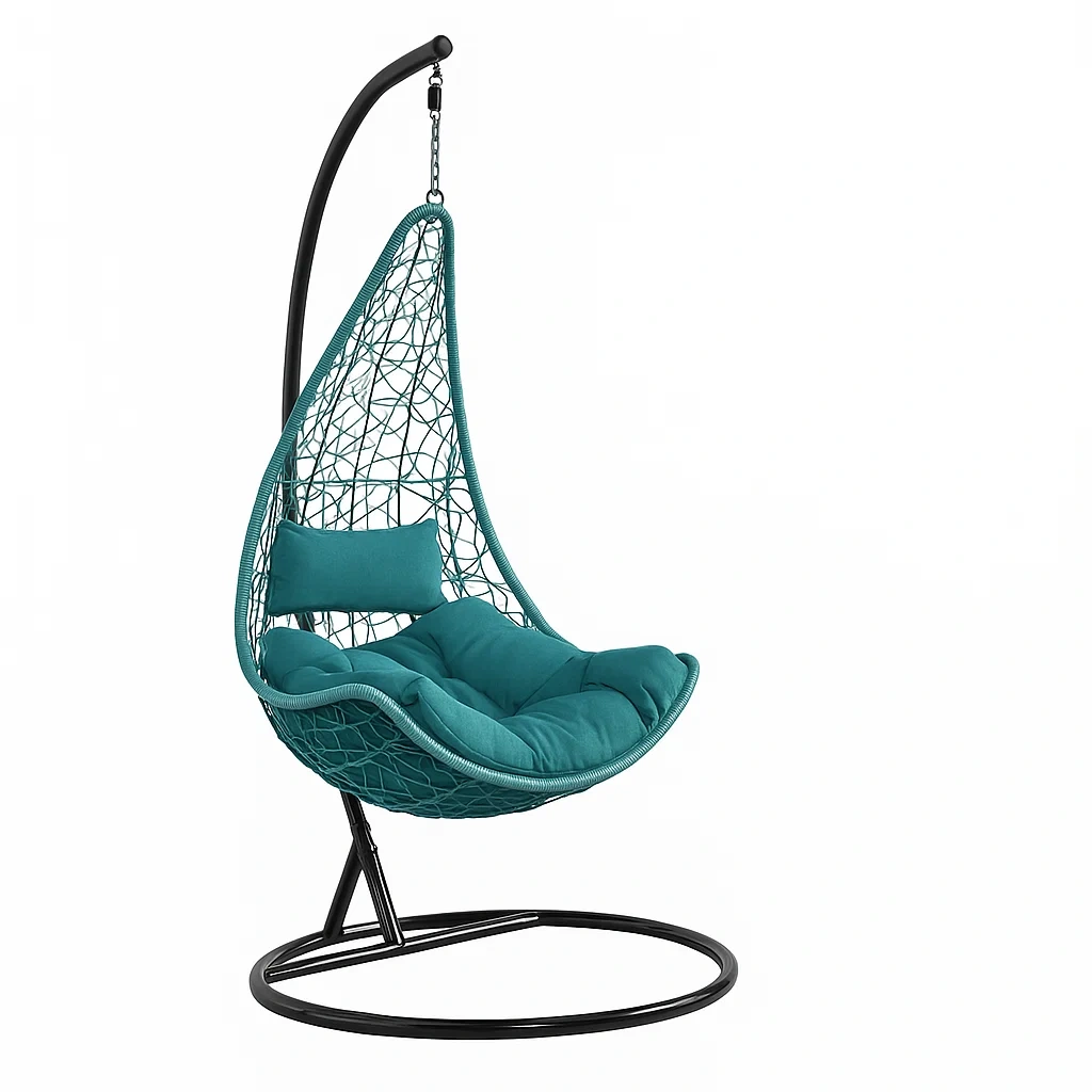 Sillón colgante de 1 plaza con estructura metálica, Tejido de resina trenzada, Cojín verde turquesa - nZUGbQV239Ki
