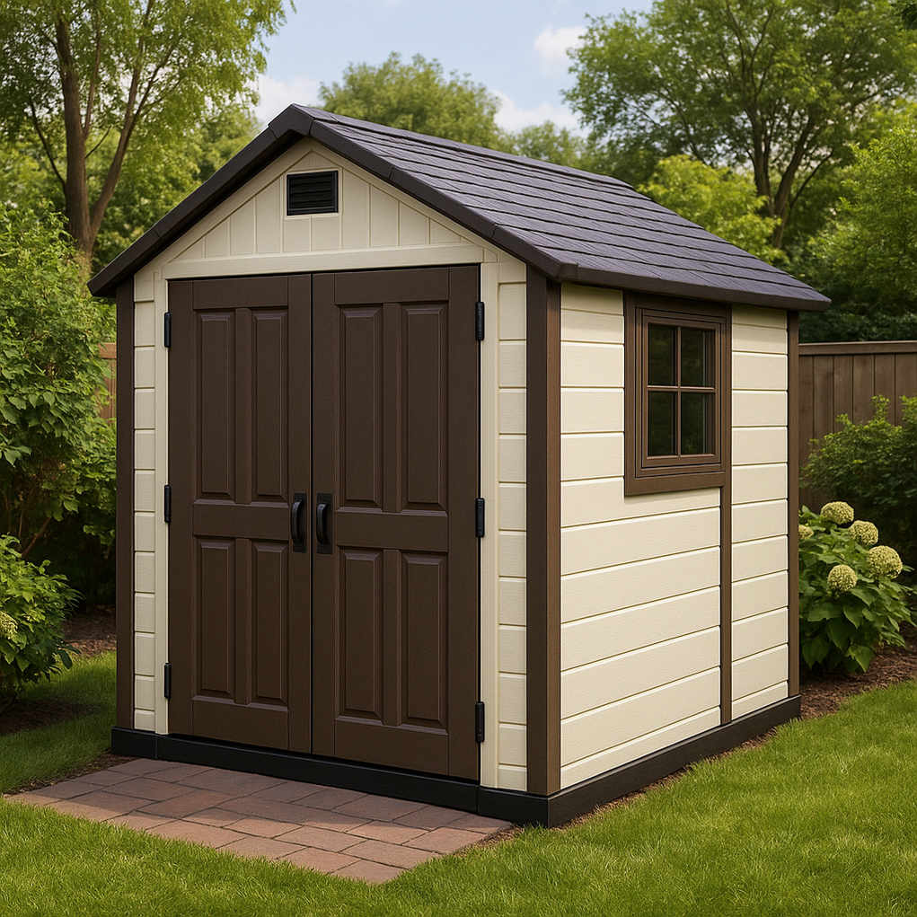 Caseta de jardín de resina 210x190x225 cm Beige/Marrón pcXyOfG398kA