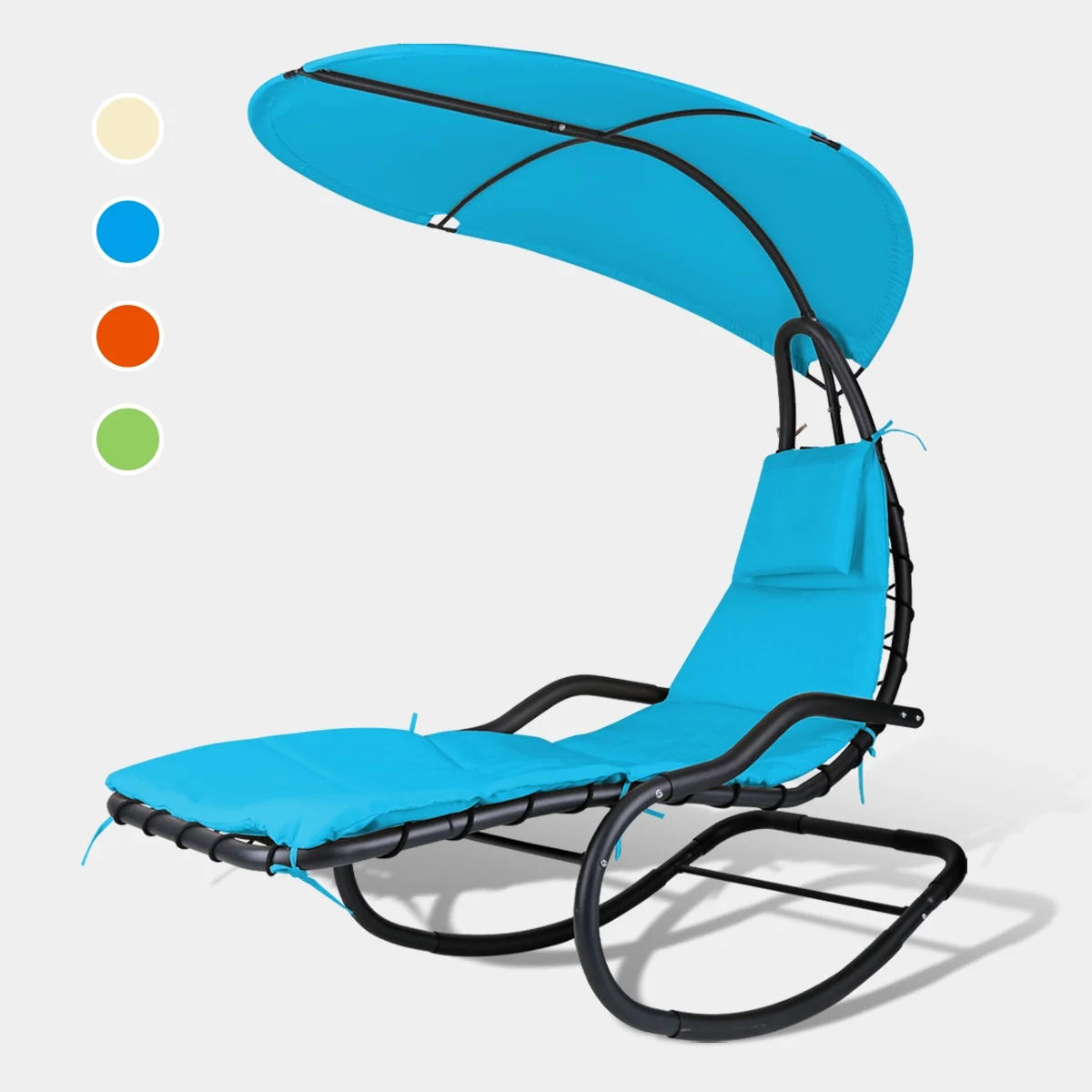 2X Rocking Hanging Lounge Chair - Curved Chaise Rocking Lounge Chair Swing For Backyard Patio w/ Built-in Pillow Removable Canopy with stand {Green} - Image 20