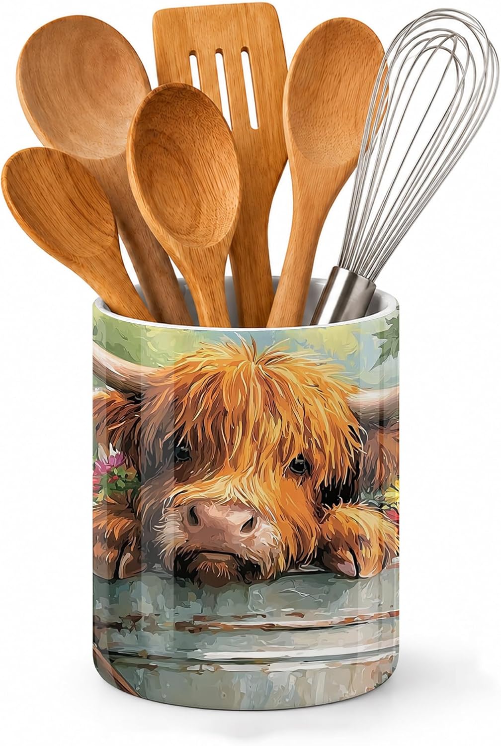 Japanese Waves Kitchen Utensil Holder,Sunrise Cherry Blossoms Ceramic Utensil Crock for Countertop,Cooking Tools Storage jar for Spatulas and Spoons,Housewarming Gifts 6.3