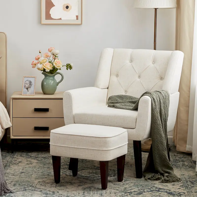 HUIMO Fabric Accent Chair and Ottoman Set - Available in Grey, Beige, Blue, and Dark Teal