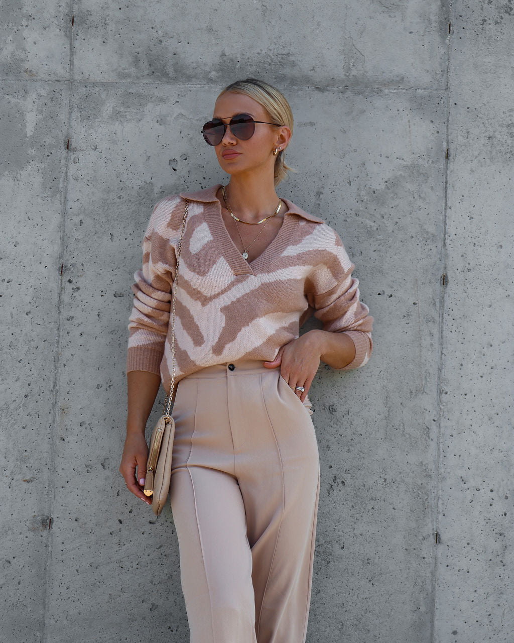 Zachery Collared Zebra Pullover Sweater - Tan - Se7enfashion