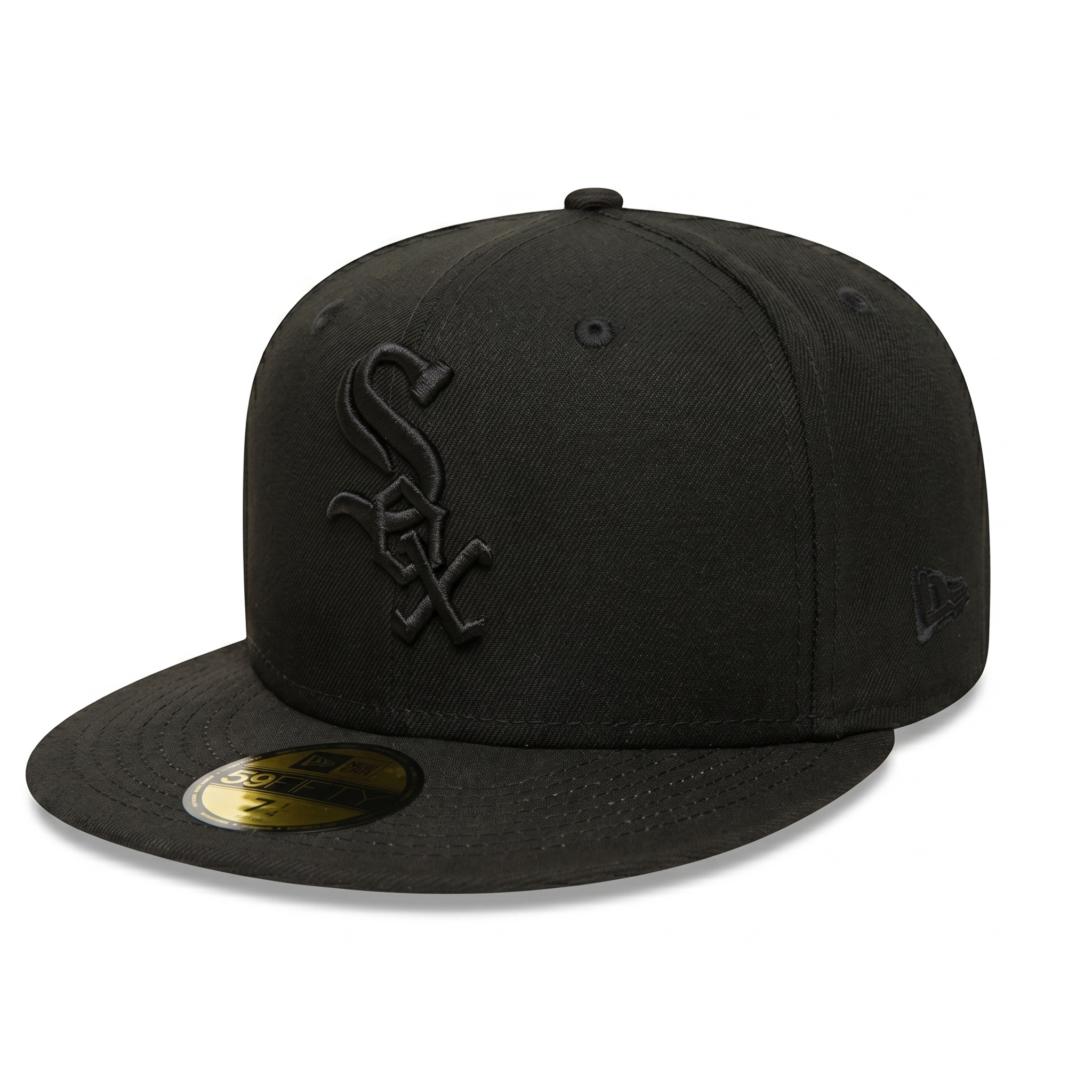 Black New Era Chicago White Sox 59FIFTY fitted hat showing the tonal black embroidered front logo and side New Era flag.