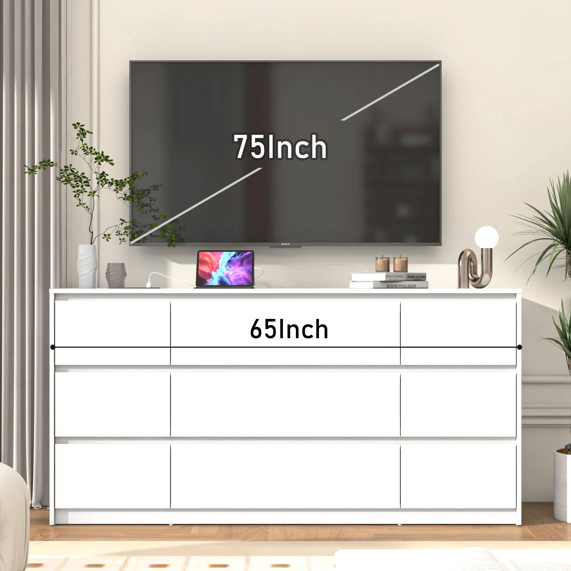 ChVans Black 9 Drawers Dresser with Charging Station, 63" Long Modern Dresser with 9 Drawers for Bedroom, Large Wood Chest of Drawers Handle Free, Dresser for Bedroom, Living Room, Hallway - Image 21