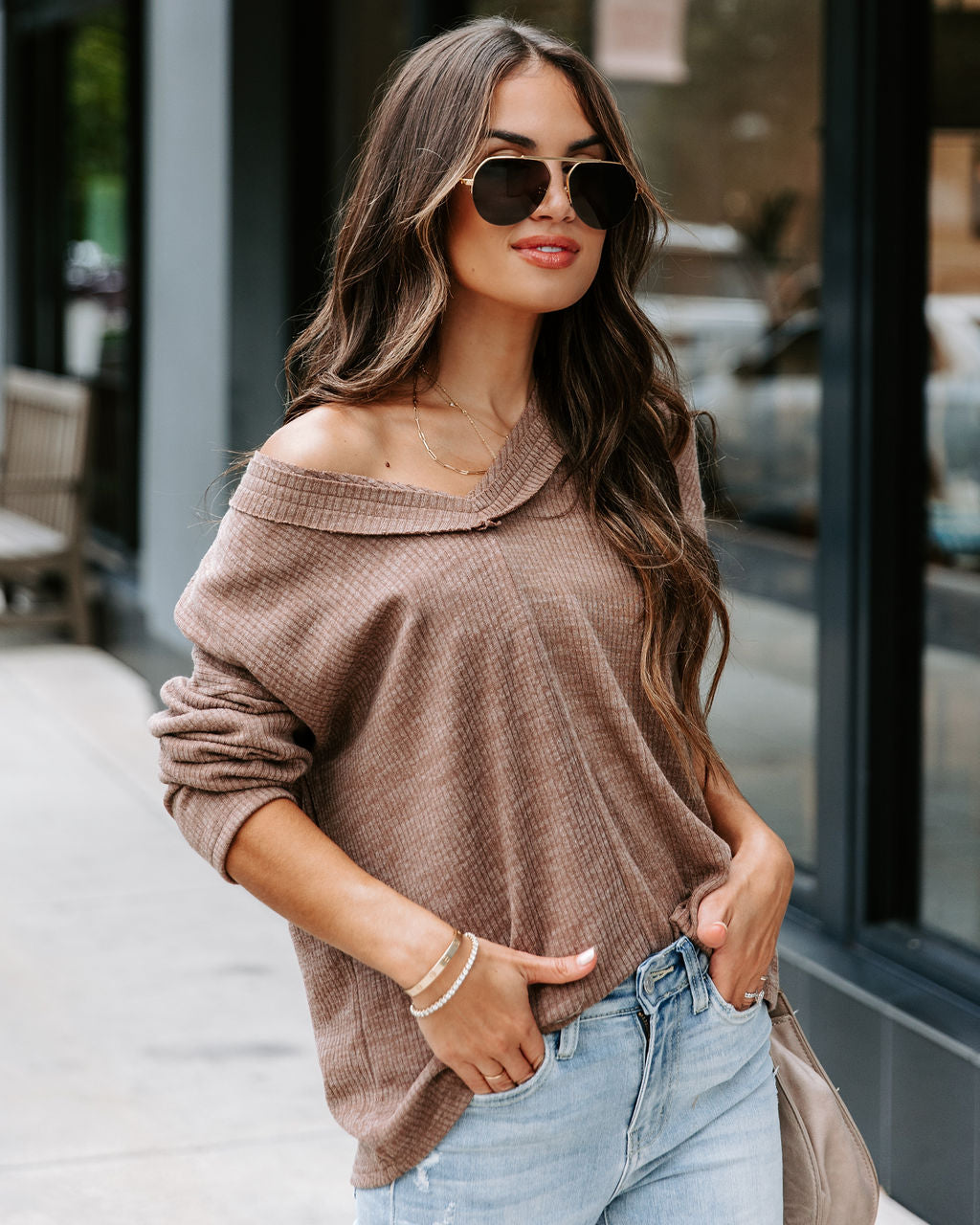 Touch Of Fall Oversized Ribbed Long Sleeve Top - Cocoa - Se7enfashion
