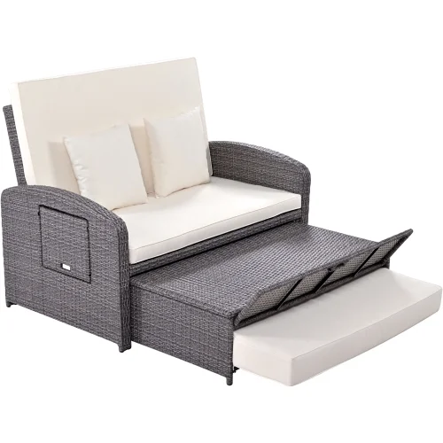Harper & Bright Designs Rattan Outdoor Double Lounge Chaise 2-Person PE Wicker Outdoor Patio Sunbed with Canopy Cover for Backyard Garden Balcony, Beige+Black - Image 29