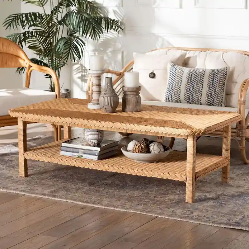 Minahasa Bohemian Braided Rattan Coffee Table in Light Honey