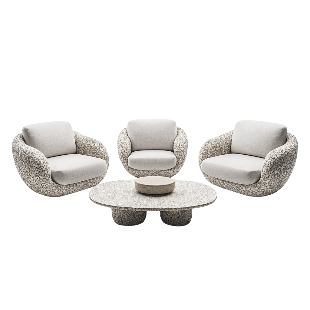 Conjunto de salón moderno color beige con sillones y mesa redonda para interiores y exteriores tipo set de sofá tapizado en tejido resistente zz3501492