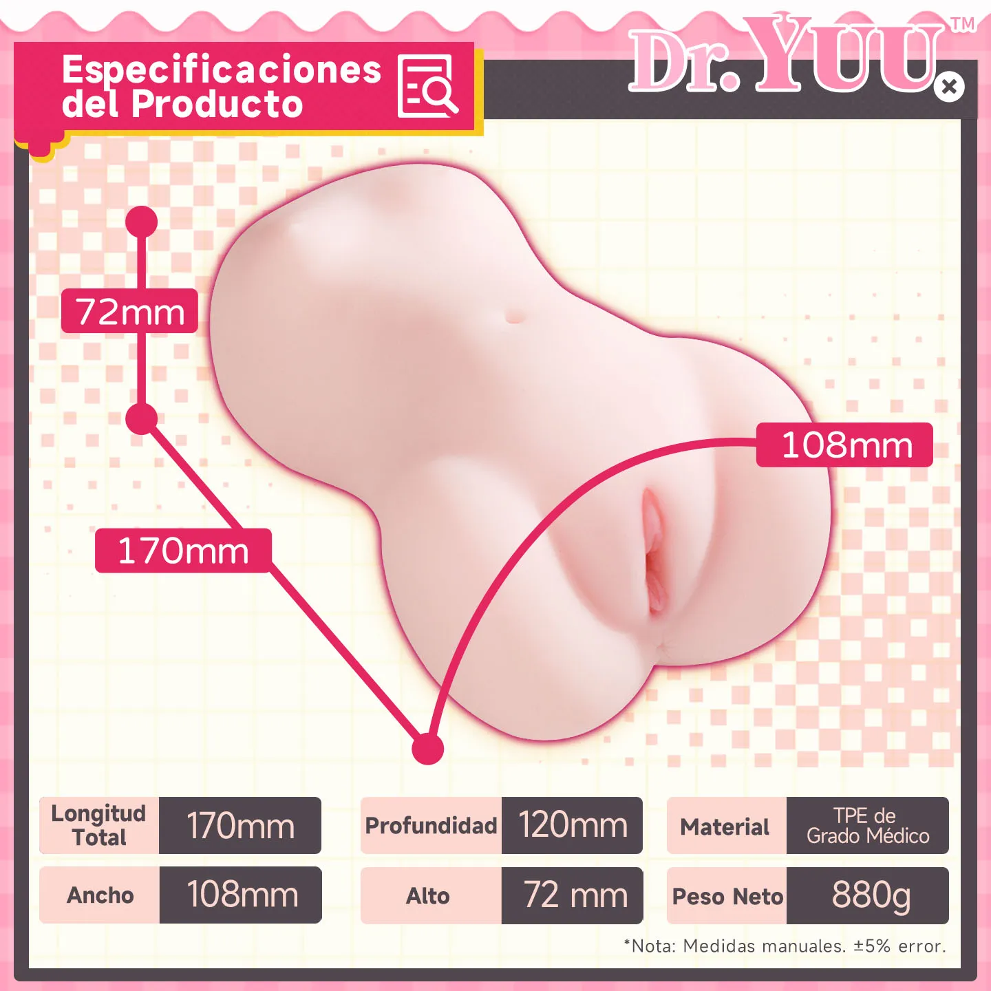 Especificaciones de tamaño y peso de 880g del masturbador anime oficial de Dr.YUU