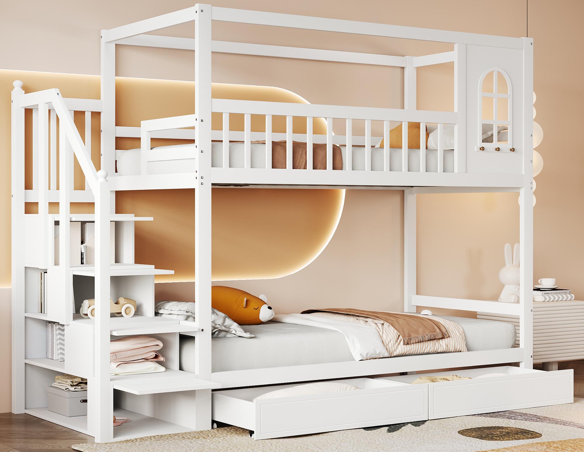 Litera 90x200cm de madera maciza - 2 cajones y escalera portaobjetos - Blanco