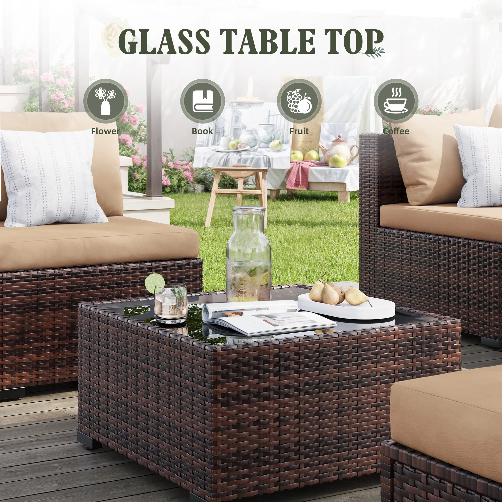 MRUAKA 8 Pieces Patio Furniture Set with Fire Pit Table, Outdoor Furniture Sectional Rattan Sofa with Slanted Back, Patio Couch with Glass Coffee Table for Backyard Garden (Dark Grey) - Image 11
