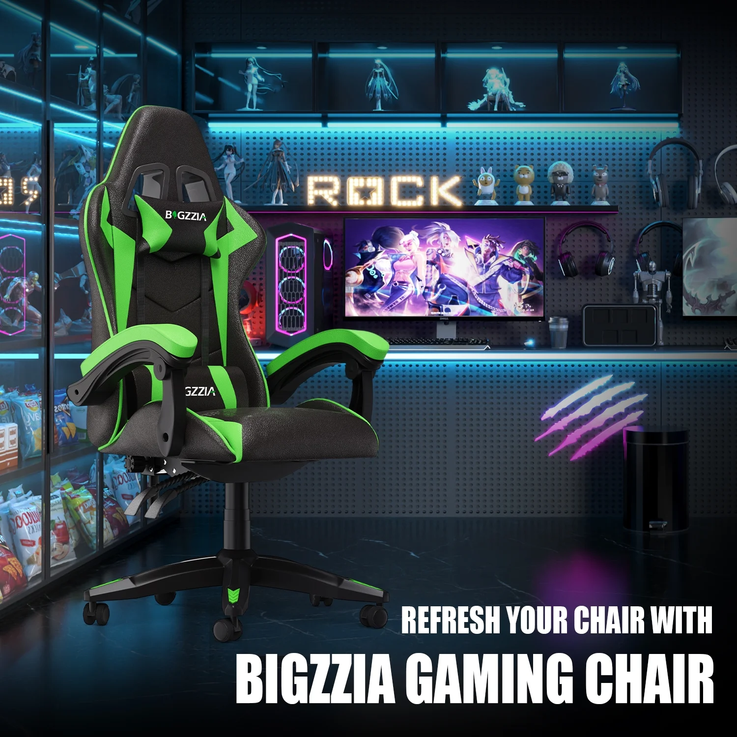 Bigzzia Gaming Chair Office Chair, Ergonomic Game Chair with Height Adjustable Headrest and Lumbar Support for Adults Teens, Black & White - Image 81