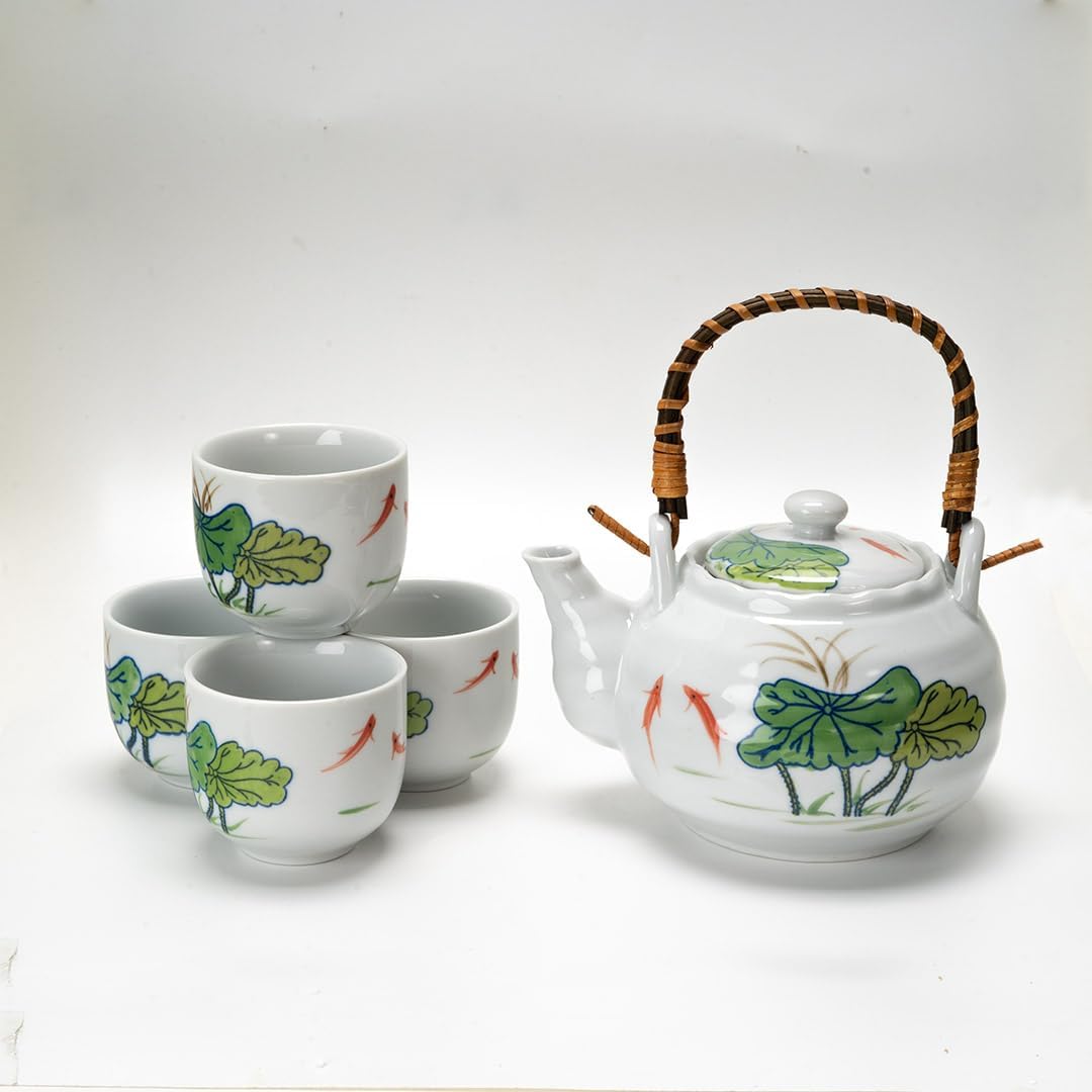 Japanese Style Porcelain Tea Set, 22 fl oz Teapot with 4 Cups, Koi Fish and Lotus Leaf Design, White, Top Pour Bamboo Handle