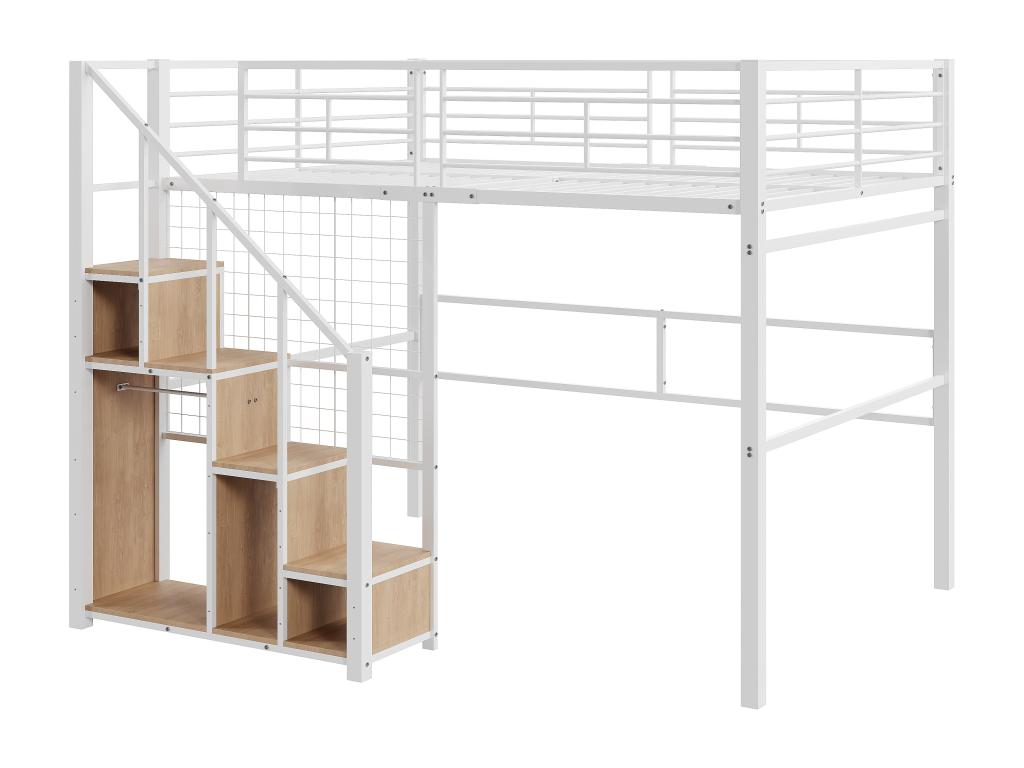 Cama entrepiso 140 x 200 cm con armario y escalera de seguridad - metal y madera - blanco