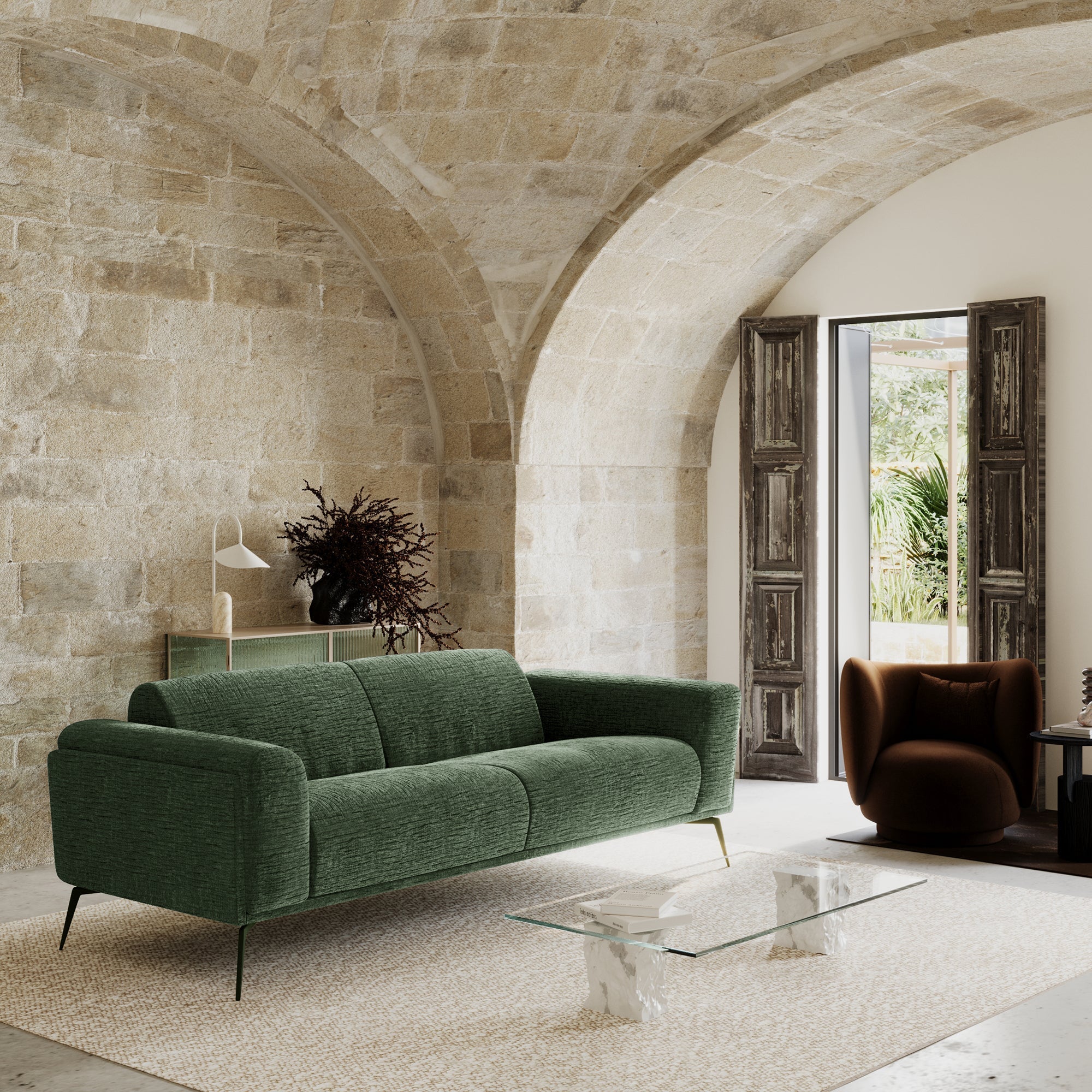 Rechte bank SWANN 3 personen Fluweel met structuur Smaragdgroen